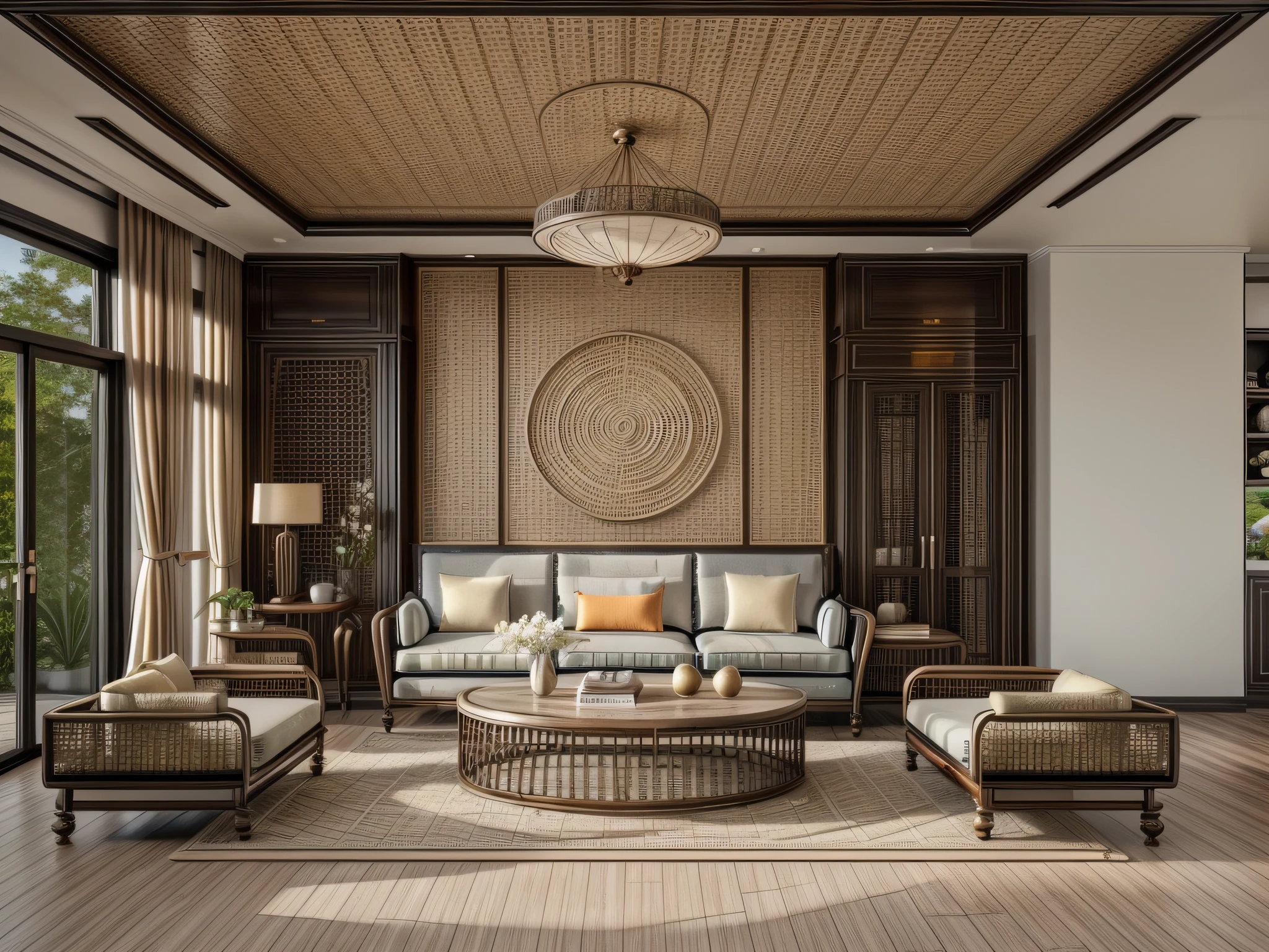 (indochina design LIVINGROOM:1.3), (photo realistic:1.2), (supper detail:1.2),1bed, 1 chair, classical chinese style pattern for the wall, 1 classic altar, 2 indochina chair, indochina style of cabinet, orange wall, indoor, (blackken wood :.1), indochina panel door indoor, (The ceiling is made from woven rattan sheets and lintels), daylight, Unreal Engineer 8K, full HD 8K