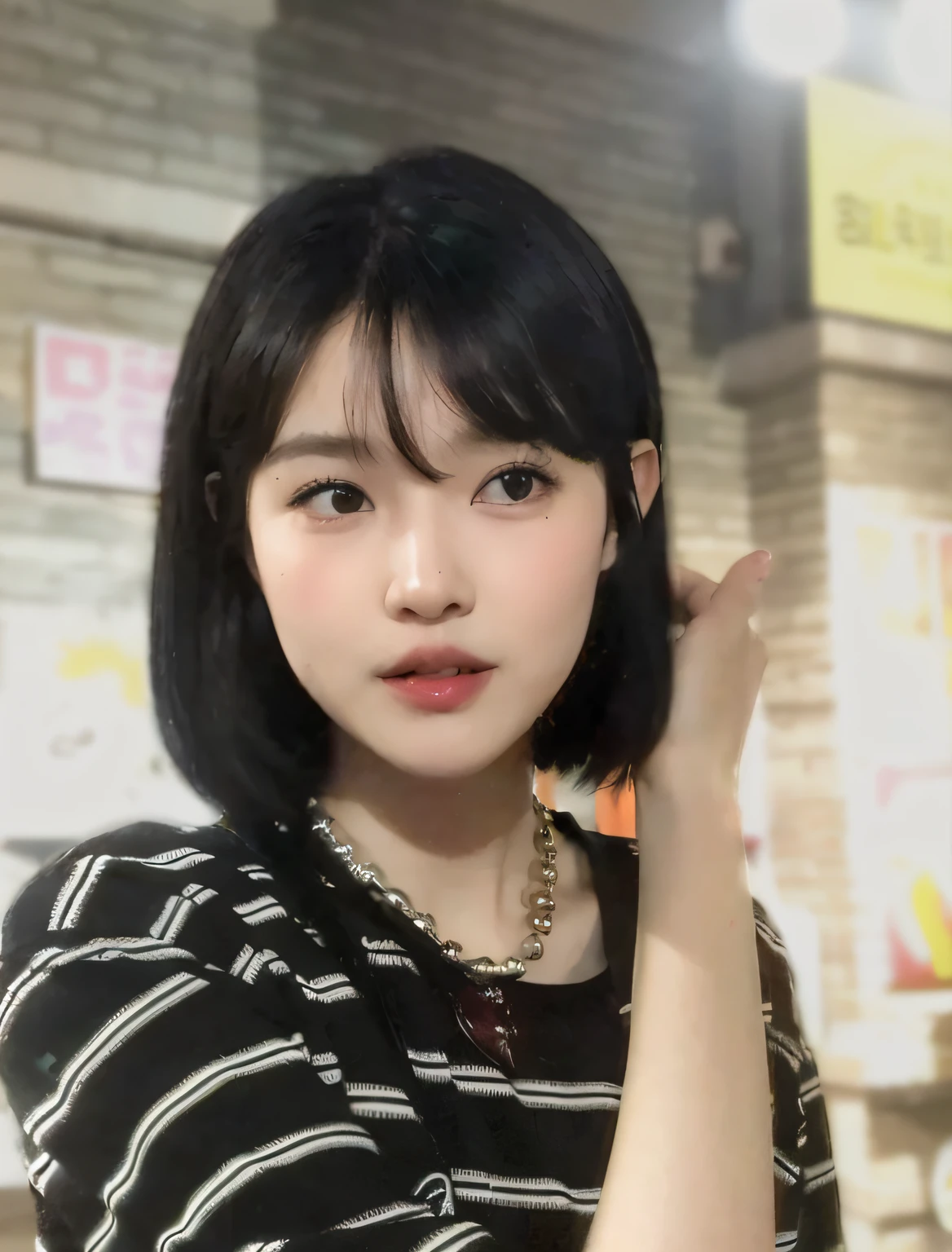 (8K, RAW photography,best qualityer, A high resolution:1.1), (hiper realistic:1.4),(hentail realism, photoreallistic:1.3), Soft light,big chest out,baby doll,lifelike face,Realistic body,real-looking-skin,absurderes,巨作,(Cute cute:1.8), Beautuful Women, 独奏, (huge-breasted:1.2), Detailed black eyes,Innocent eyes,blusher,(tee shirt:1.2),Cinema lights,filmgrain,jewlery,耳Nipple Ring,((Medium hair:1.1)),((Floating hair NovaFrogStyle)),Cherry-colored lips,Hair ribbon,Hair Bow,poneyTail,closeup cleavage,lookig at viewer,long whitr hair, Upper body body, Open lips, Top Teeth, (Smiling eyes:0.6), ((Grinning:1.2)),depth of fields, blurred back, eyes focus, Bokeh,Young age, 85mm lens, f/1.4,profesional lighting, Young age,porate,photon maping,Radio City,physically-based renderingt,no-bra、,CG Social Trends、Plastic En、((Black long hair))、((a beautiful female))、(A smile)、Fashionab、、hair flowing in the wind、((Flowing hair))、Happy -、fashion magazine、((lighting like a movie))、Paris,