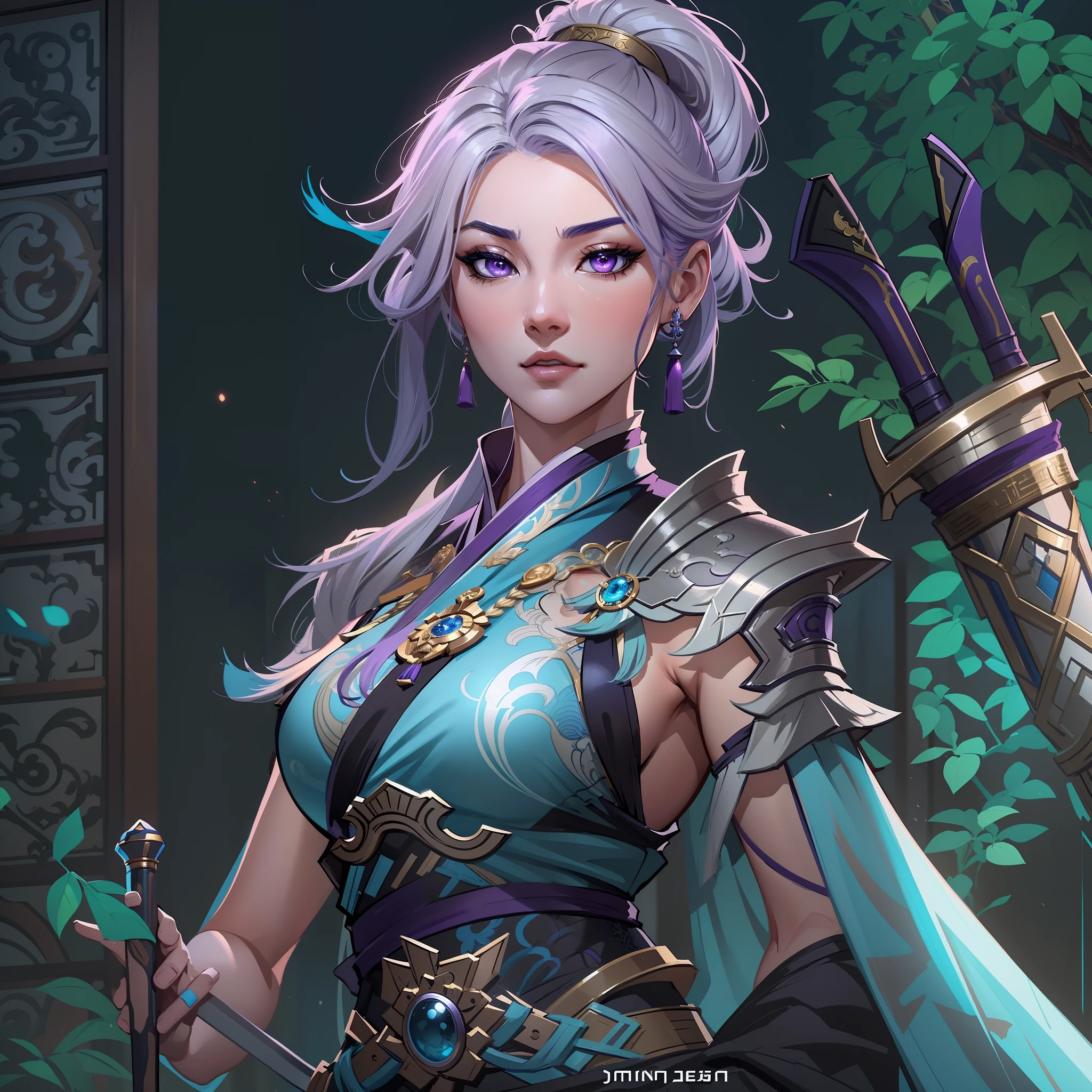 a close up of a strong woman in her 30's, with purple eyes and silver hair, wearing a black and purple ball gown dress, a heroine with blue eyes, martial artist holding polearm, standing in a chinese temple, new costume concept design, in the style of blade and soul, full body character concept, detailed character design, inspired by Yang Jin, inspired by Li Mei-Shu, chinese costume, inspired by Lan Ying, inspired by Sim Sa-Jeong, inspired by Li Tang, lunar themed attire, costume with blue accents, inspired by Ju Lian, colored concept art, highly detailed character design, highly detailed face, inspired by Ai Xuan, very highly detailed face, unreal engine render, final fantasy 14 style, inspired by Leng Mei