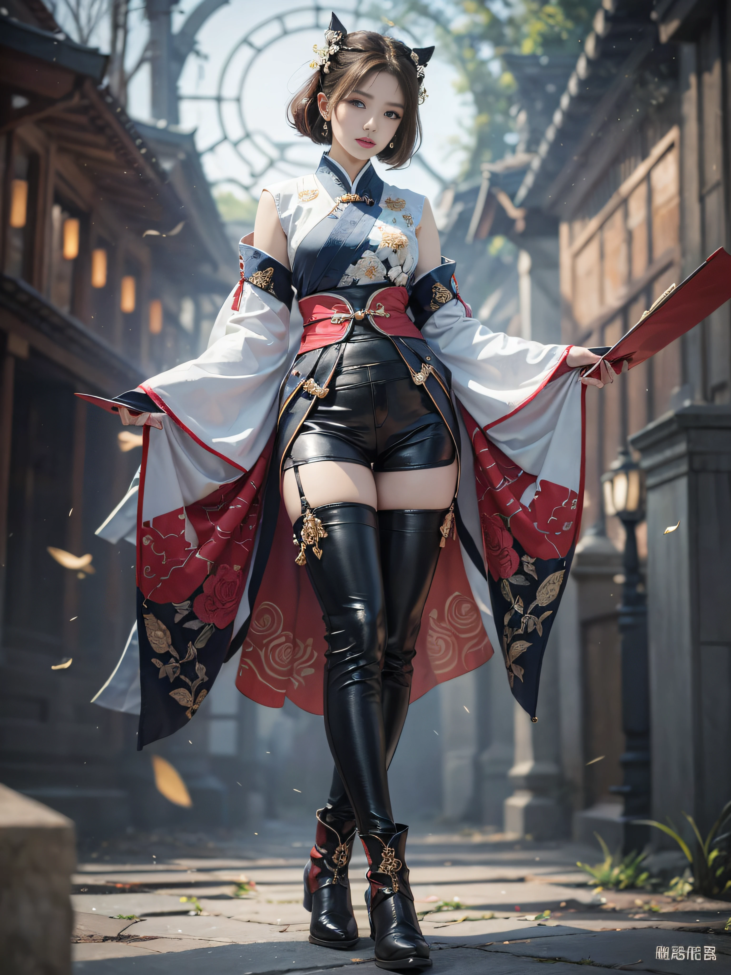 Royal sister，Big sister type，Oriental women，gallant woman，Cold sass，short detailed hair，,tmasterpiece,A high resolution,,Absolutely beautiful,，are standing，exquisitedetails,A high resolution,Wallpapers,1female,独奏,，enchanted、Raised sexy， Rich expressions， trinkets,Fluttering, Tight Hanfu,,Wear tight trousers，Wear booties，Knee-length stockings are exposed inside the booties，embroidery, natural poses,standing on your feet， Fanning，16K，HDR，A high resolution，depth of fields，Bocoon，prime time，Vignette，rainbowing，（Wide buttock：1.4），（Thick legs：1.4）
