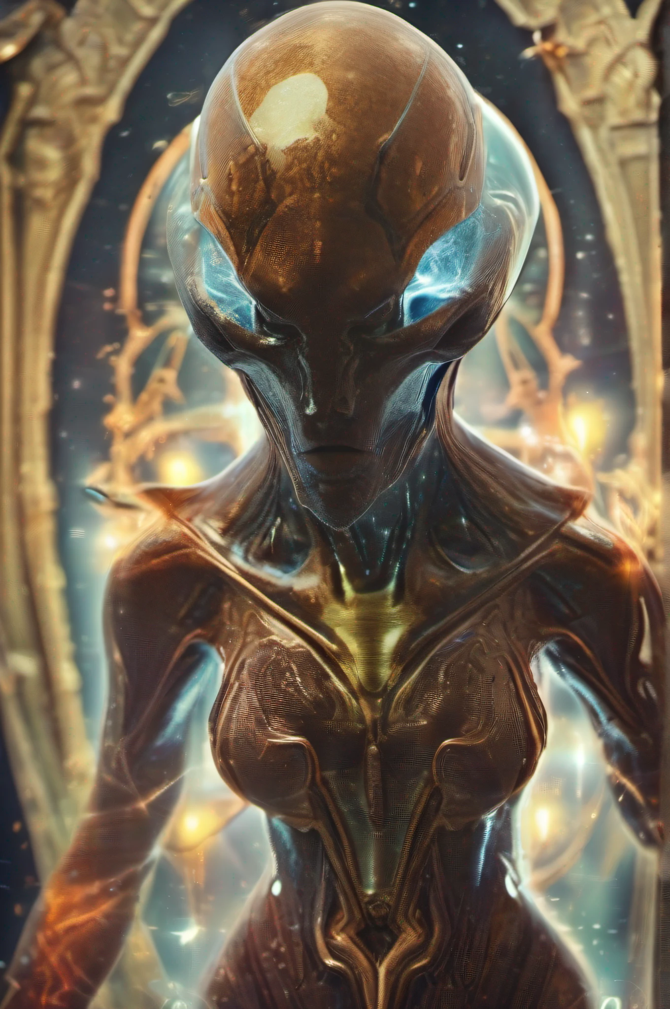 Ghostly portrait of a futuristic alien from another dimension creator of the universe with powerful ancient magic and supernatural powers from an unknown dimension