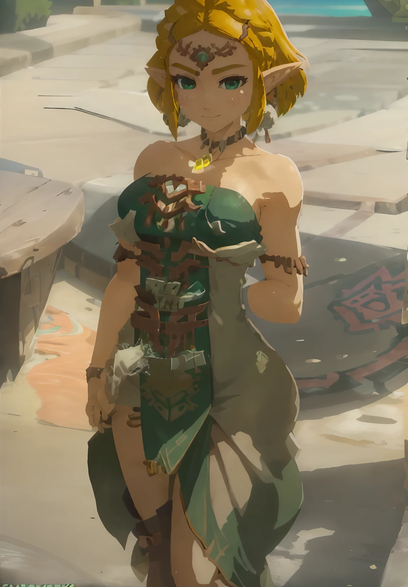 zeldatotk,1girl,smile,cel shading,full body in view,green eyes , (((busty))), (((big breast))), cleavage, (((love sign)))