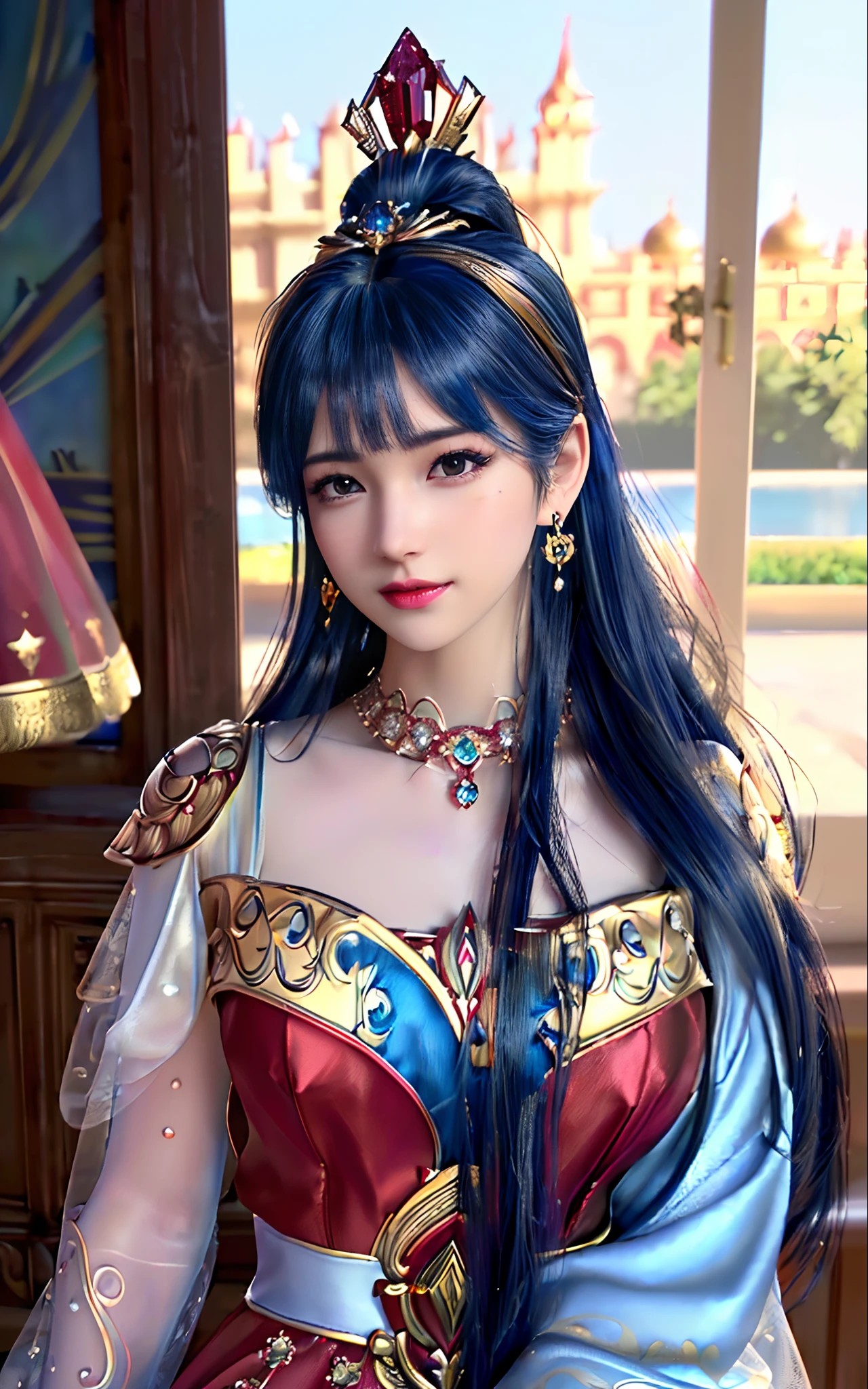 ((realisticity: 1.2)), ((best resolution: 8K UHD)), best quality,masterpiece,highres,cg,
((1 super detailed and super realistic girl)), ((very beautiful queen dazzling, super realistic, and super detailed)),((white skin, beautiful, smooth, youthful, super realistic and super detailed
)), long hair, ((super realistic and super detailed dress)), solo, ((super realistic, super beautiful, gorgeous and super detailed jewelry)), ((super beautiful, super realistic and super detailed dark red and golden yellow dress)),
((super beautiful, super realistic, super detailed diamond filled earrings)),
  ((super beautiful, super realistic and super detailed diamond filled hair ornament)), ((super beautiful upper body, super beautiful, super realistic and super detailed)), ((big breasts: 2.5)), 
((super grand, super realistic and super detailed royal palace backgroun))
((super beautiful, super beautiful, super realistic and super detailed hair bun)), ((super beautiful, super realistic and super detailed blue hair)),
candid, Photograph, high resolution, 8k,Bokeh,
