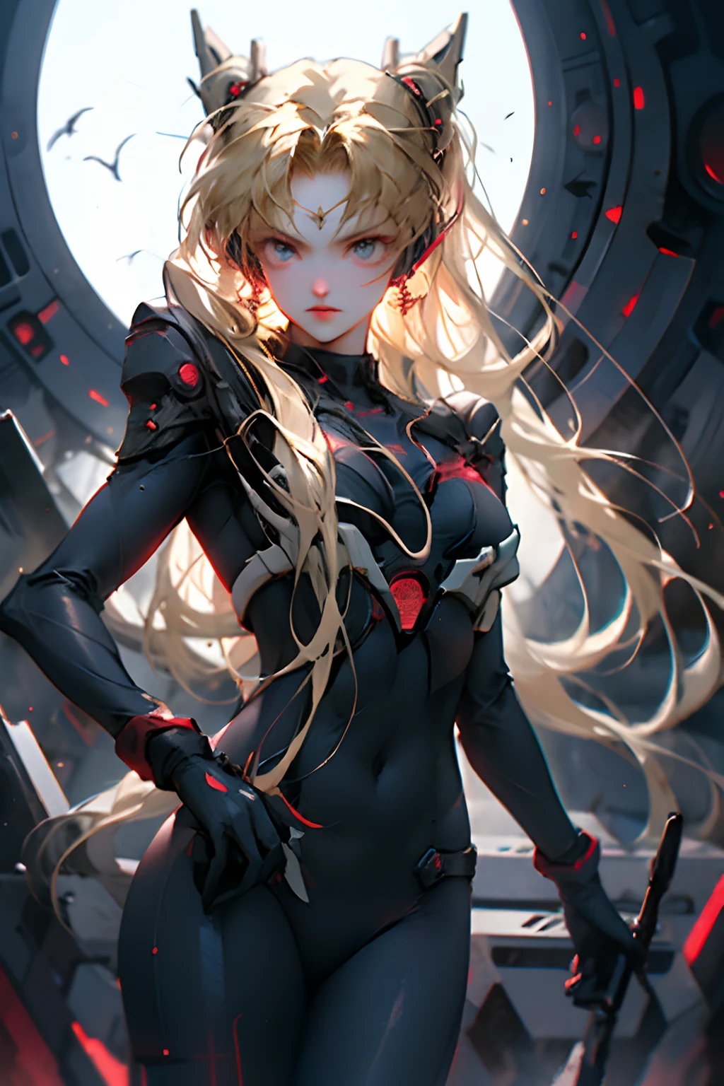 (Overhead view),dynamic angle,ultra-detailed, illustration, close-up, straight on, 1girl, 
 ((souryuu asuka langley, interface headset, red bodysuit:1.4, blonde)),Her eyes shone like dreamy stars,(glowing eyes:1.233),(beautiful and detailed eyes:1.1),(expressionless,closed mouth),(standing), 
(mechanic room with toolsand spaceship windowin a white SPACESHIP),
(night:1.2),dreamy, [[delicate fingers and hands:0.55]::0.85],(detail fingers),