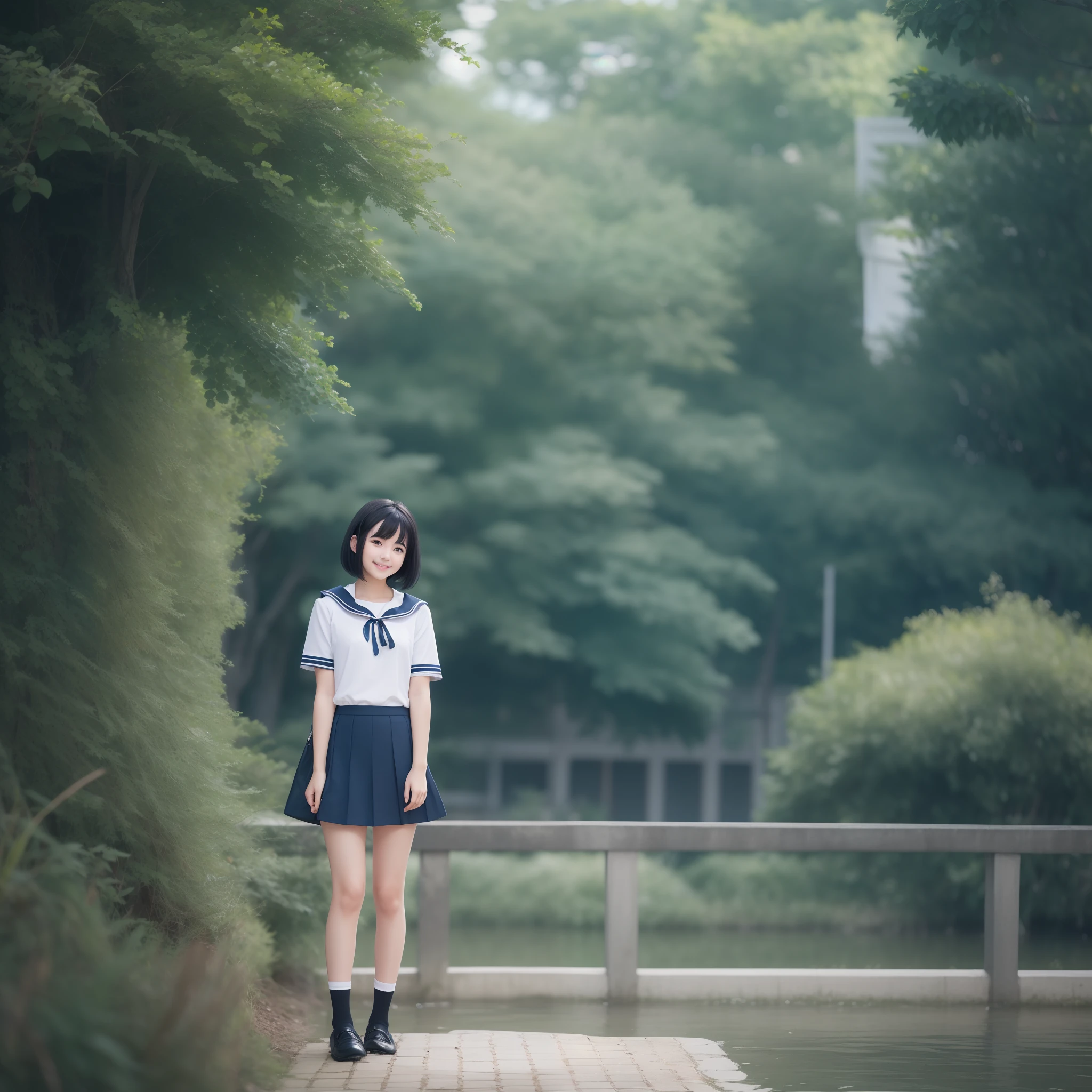 With the best image quality、age girl standing outdoors。In high resolution、Beautiful fine details、tranquil atmosphere。(((Black hair bob hair)))、Cute smile。White short-sleeved sailor suit、Navy blue pleated skirt、Navy blue socks、Brown loafers