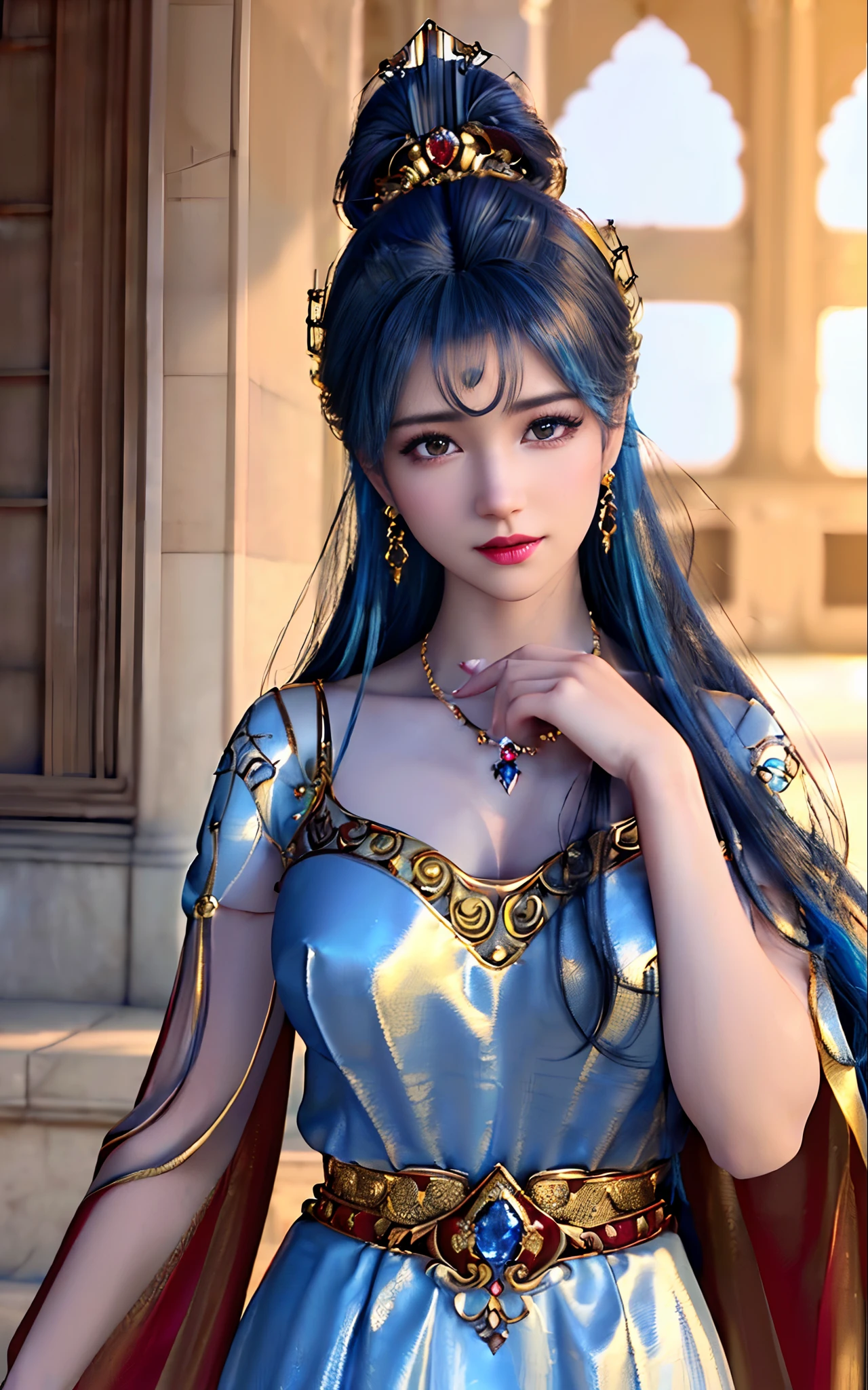 ((realisticity: 1.2)), ((best resolution: 8K UHD)), best quality,masterpiece,highres,cg,
((1 super detailed and super realistic girl)), ((very beautiful queen dazzling, super realistic, and super detailed)),((white skin, beautiful, smooth, youthful, super realistic and super detailed
)), long hair, ((super realistic and super detailed dress)), solo, ((super realistic, super beautiful, gorgeous and super detailed jewelry)), ((super beautiful, super realistic and super detailed dark red and golden yellow dress)),
((super beautiful, super realistic, super detailed diamond filled earrings)),
  ((super beautiful, super realistic and super detailed diamond filled hair ornament)), ((super beautiful upper body, super beautiful, super realistic and super detailed)), ((big breasts: 2.5)), 
((super grand, super realistic and super detailed royal palace backgroun))
((super beautiful, super beautiful, super realistic and super detailed hair bun)), ((super beautiful, super realistic and super detailed blue hair)),
candid, Photograph, high resolution, 8k,Bokeh,