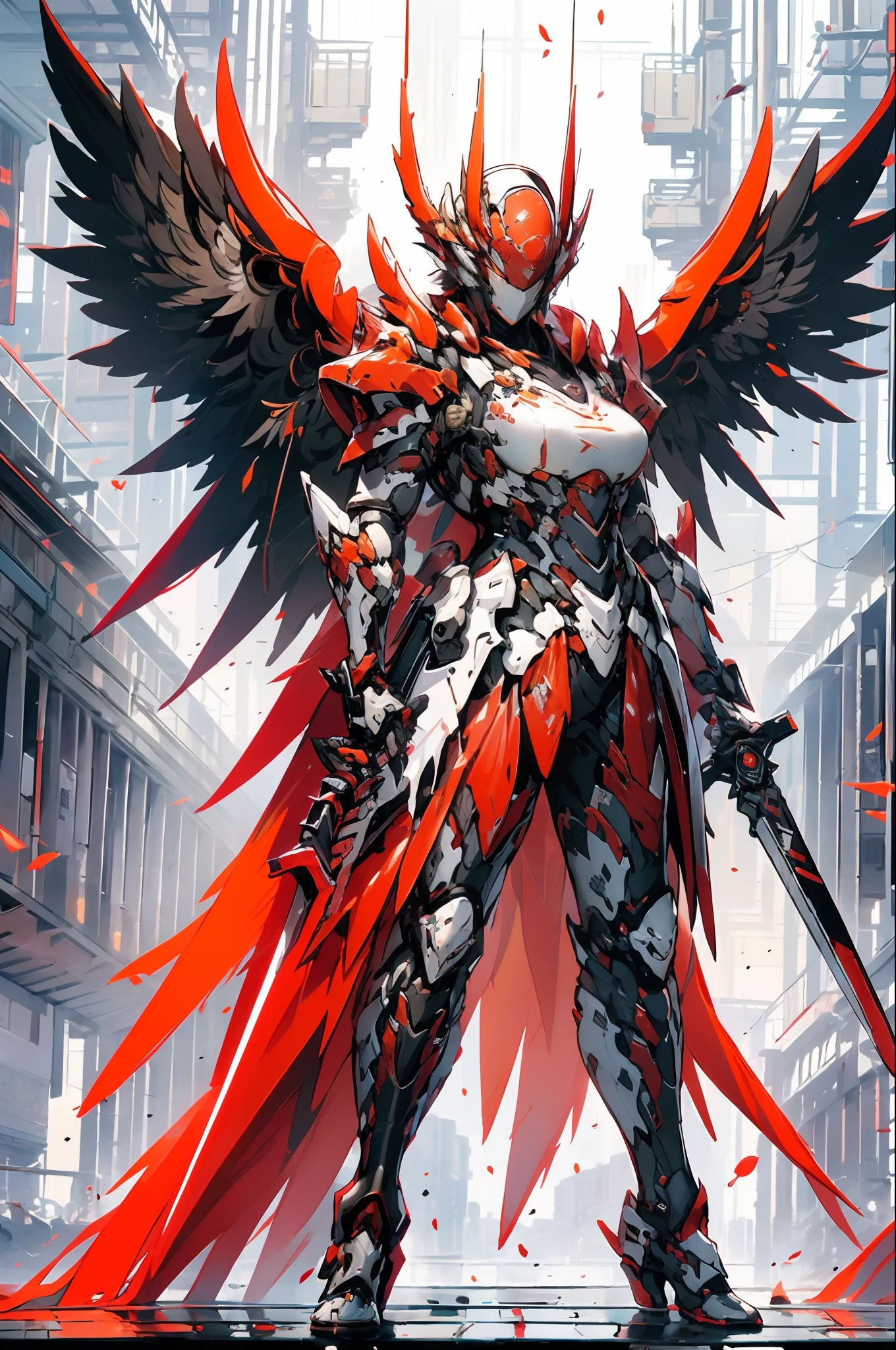 a woman with a sword and wings standing in front of a city, by Yang J, from arknights, detailed key anime art, red armor, trending on artstation pixiv, anime epic artwork, badass anime 8 k, [ trending on cgsociety ]!!, anime fantasy artwork, detailed anime artwork, blood red armor, white and red armor