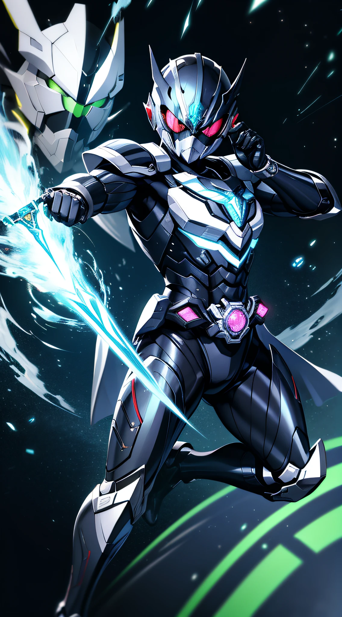 Kamen Rider、Superhero、mechanical suit、Body Armor、Mechanical Armor、Metallic texture、One Man、helmets、muffler、big eye、Heisei Kamen Rider、Body Armor、mechanical suit、cyberpunked、Near future、Vivid Color、full body Esbian、8K、Crisp Contours、tokusatsu、Transformation Belt、A bottle of liquid is stuck in the conversion belt like a cartridge、Kamen Rider with perfume motif、Electromechanical、male people、8 Head Body、Visible from head to toe、The scent of perfume wafts in the air、Japan Horn、bright body color、Japanese Katana Sword、Knives、Take action、Acrobatic stance、Kamen Rider Eau de Parfum、Fashionable、ciber、Near future、Theme color is green、Bright green armor、
