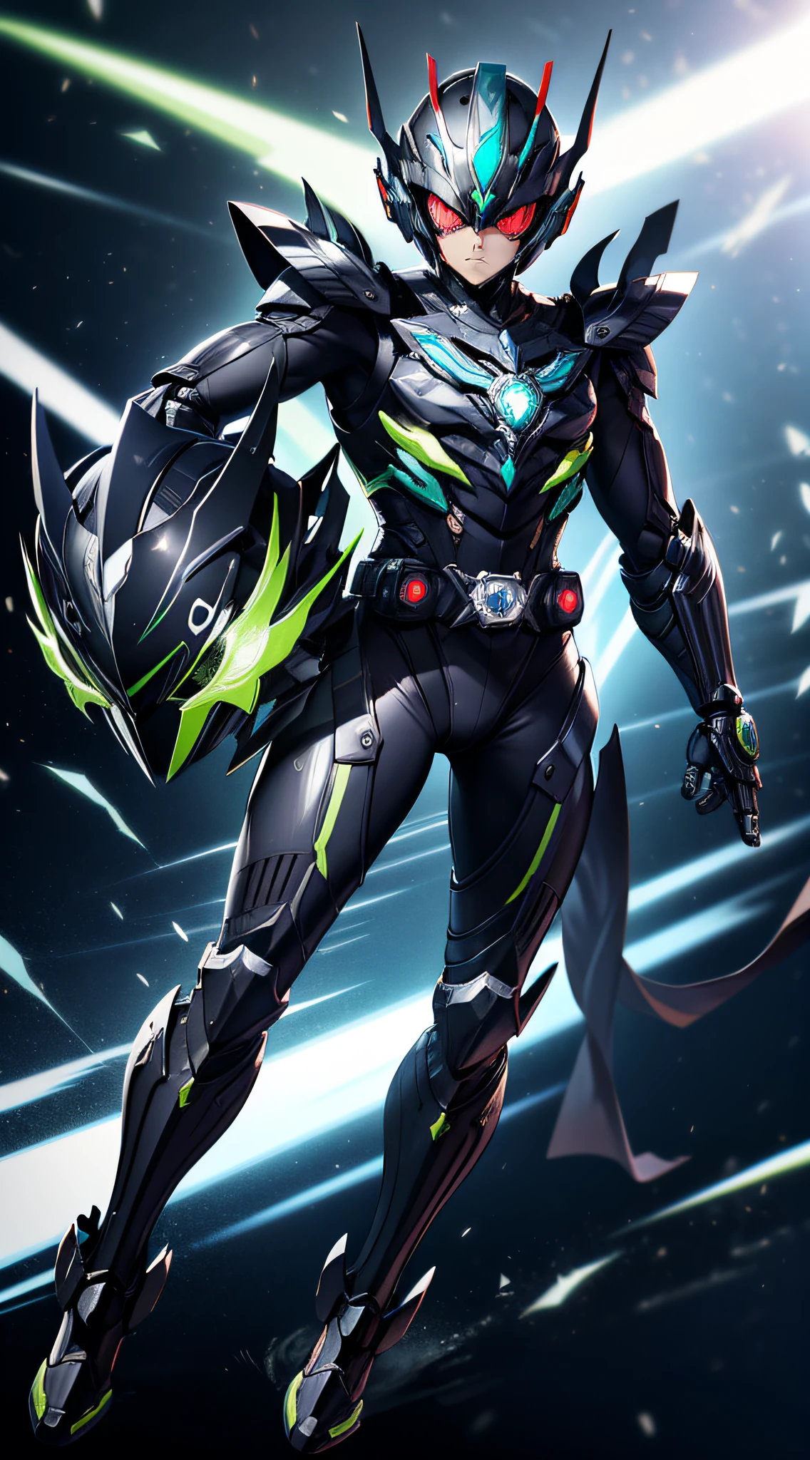 Kamen Rider、Superhero、mechanical suit、Body Armor、Mechanical Armor、Metallic texture、One Man、helmets、muffler、big eye、Heisei Kamen Rider、Body Armor、mechanical suit、cyberpunked、Near future、Vivid Color、full body Esbian、8K、Crisp Contours、tokusatsu、Transformation Belt、A bottle of liquid is stuck in the conversion belt like a cartridge、Kamen Rider with perfume motif、Electromechanical、male people、8 Head Body、Visible from head to toe、The scent of perfume wafts in the air、Japan Horn、bright body color、Japanese Katana Sword、Knives、Take action、Acrobatic stance、Kamen Rider Eau de Parfum、Fashionable、ciber、Near future、Theme color is green、Bright green armor、