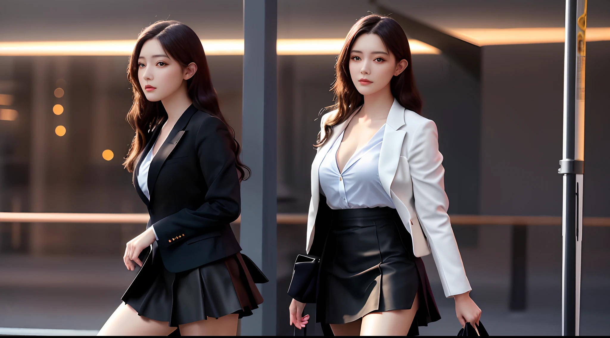 best quality, masterpiece, 1girl, Beautiful face, (photo realistic:1.3), rim lighting, (high detailed skin:1.2), 8k uhd, dslr, high quality, high resolution, 4k, 8k, Bokeh, absurdres, best ratio four finger and one thumb, (realistic:1.3), cute 1girl, wearing black formal blazer, medium breasts, short skirt,