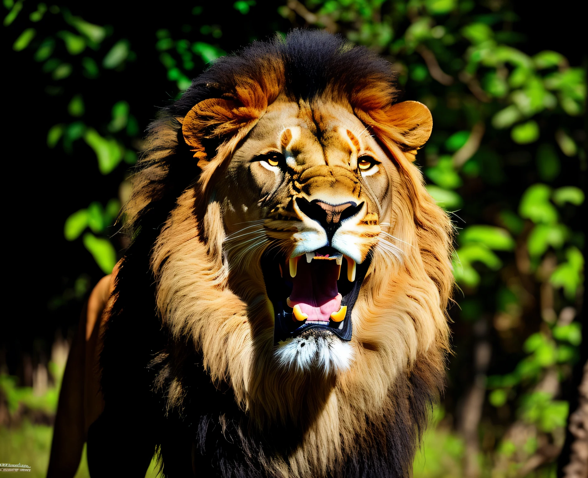 Araffe with a large mane and a large mouth is standing in the sun, boca aberta em um rugido aterrorizante, face of an lion, forte e feroz, fierce expression 4k, Rei da selva, feroz - olhando, with the mane of a lion, the mane of a lion, dentes afiados e garras, Rosnando, olhar agressivo, fierce expression, ultra realismo
