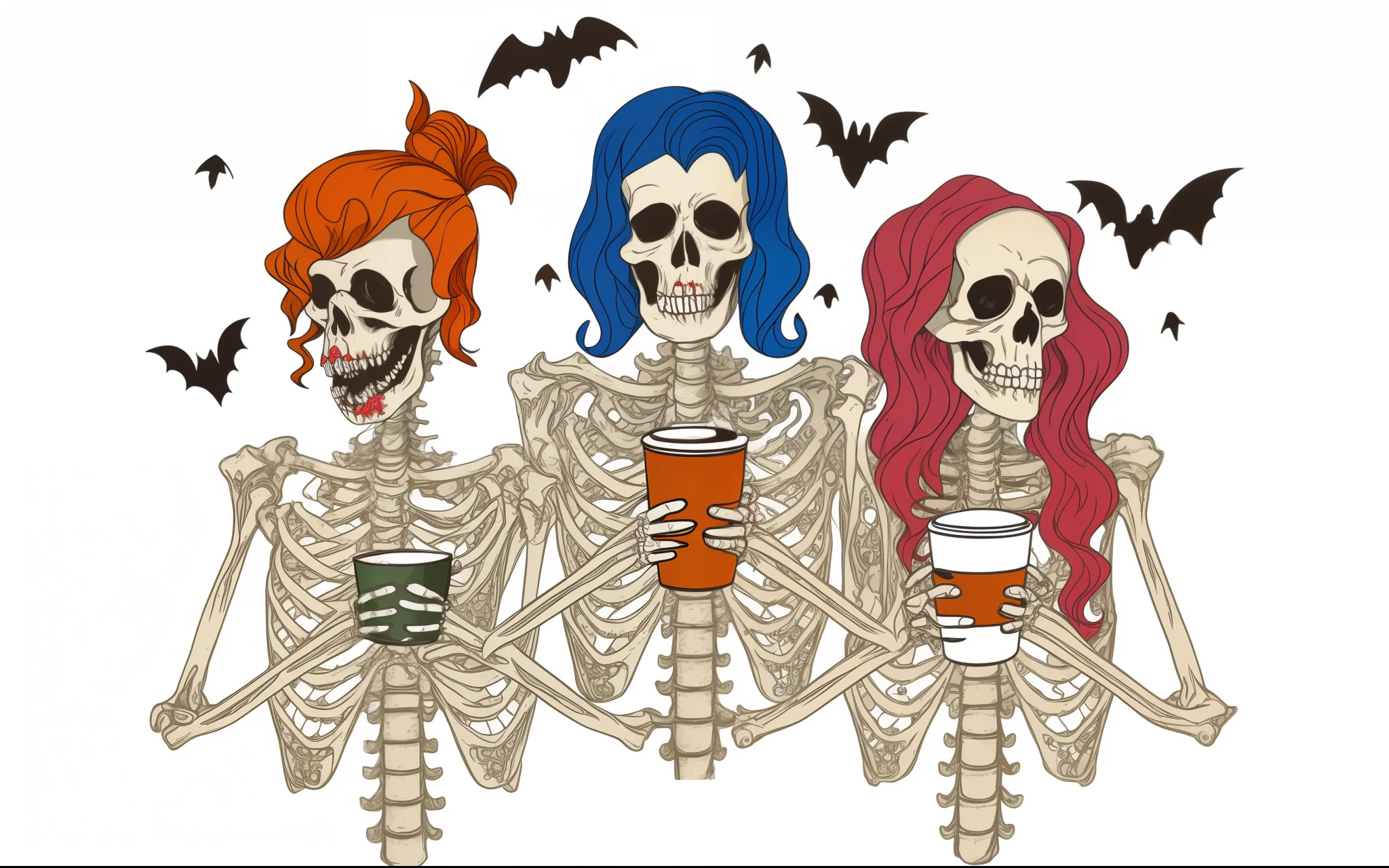 Three skeletons,Colorful hair and a cup of coffee, All skeletons, The Cup of Death, skeletons, female death holding a cocktail, a skeleton smoking a cigar, with a skeleton army, withdraw, Dead, Zombie drinking coffee sign, skullgirls, skeletons rising from the dead, cyber skeletons, skulls and skeletons, halloween art style, Omen of bones, zombie holding coffee cup