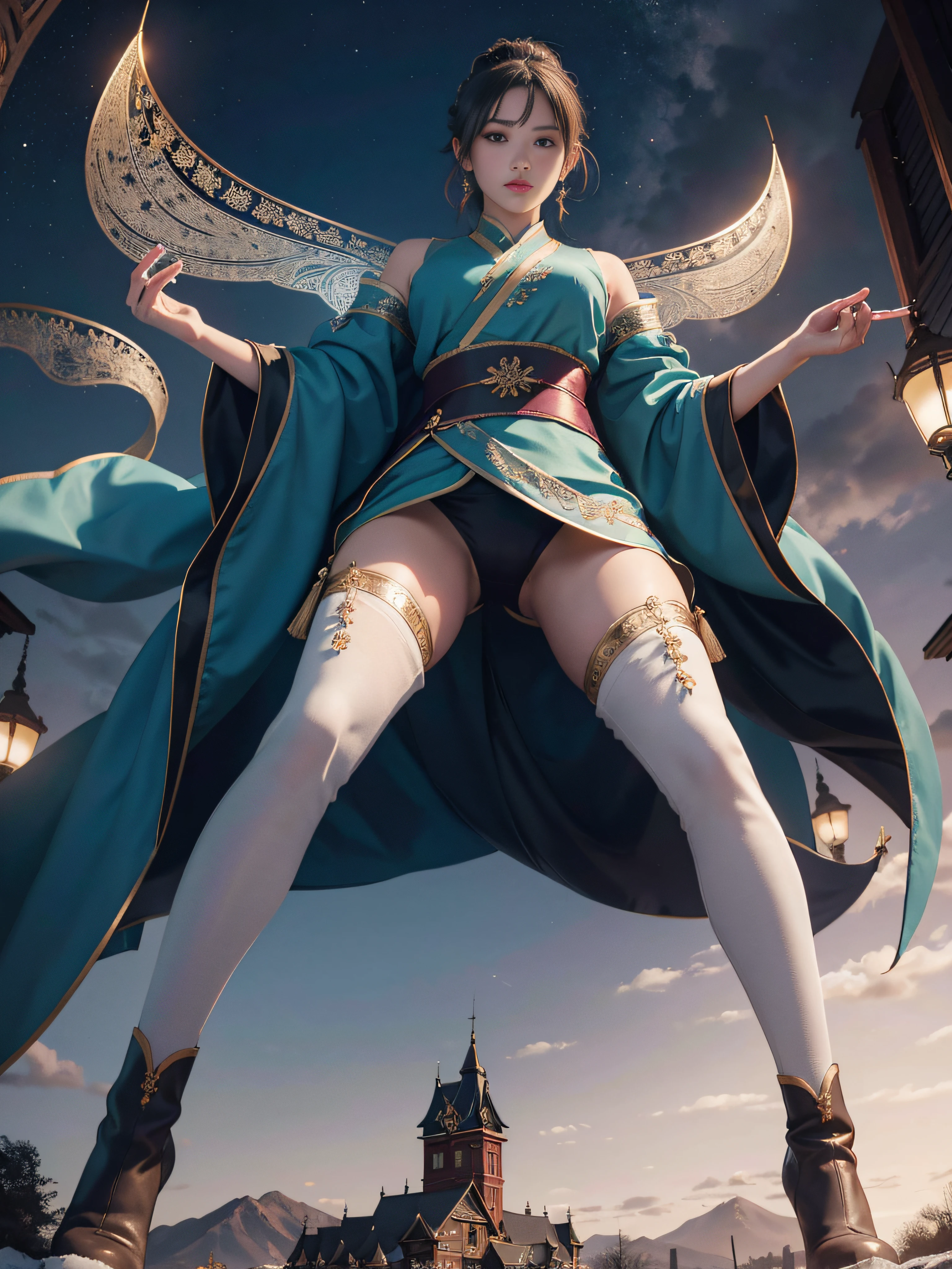 Royal sister,Big sister type,Oriental women,gallant woman,Cold sass,short detailed hair,,tmasterpiece,A high resolution,,Absolutely beautiful,,are standing,exquisitedetails,A high resolution,Wallpapers,1female,独奏,,enchanted、Raised sexy, Rich expressions, trinkets,Fluttering, Hanfu,,Wear tight trousers,Wear booties,Knee-length stockings are exposed inside the booties,embroidery, natural poses,standing on your feet, Fanning,16K,HDR,A high resolution,depth of fields,Bocoon,prime time,Vignette,rainbowing,(Wide buttock:1.4),(Thick legs:1.4)