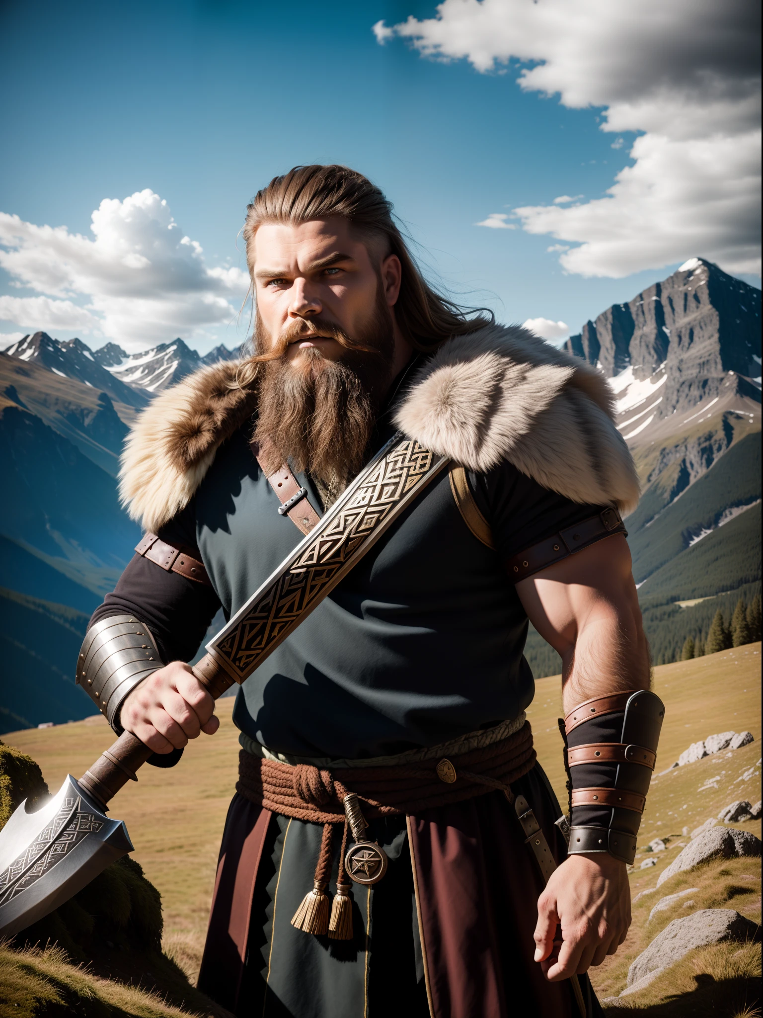 an awarded photography of Wulfrik the Wanderer - A fierce and bearded Norse warrior, wielding a rune-inscribed great axe., at Foehn Wind: A warm and dry wind that descends down a mountain slope, causing rapid temperature changes. , masterpiece, ultrasharp, depth of field and boekh, best quality,