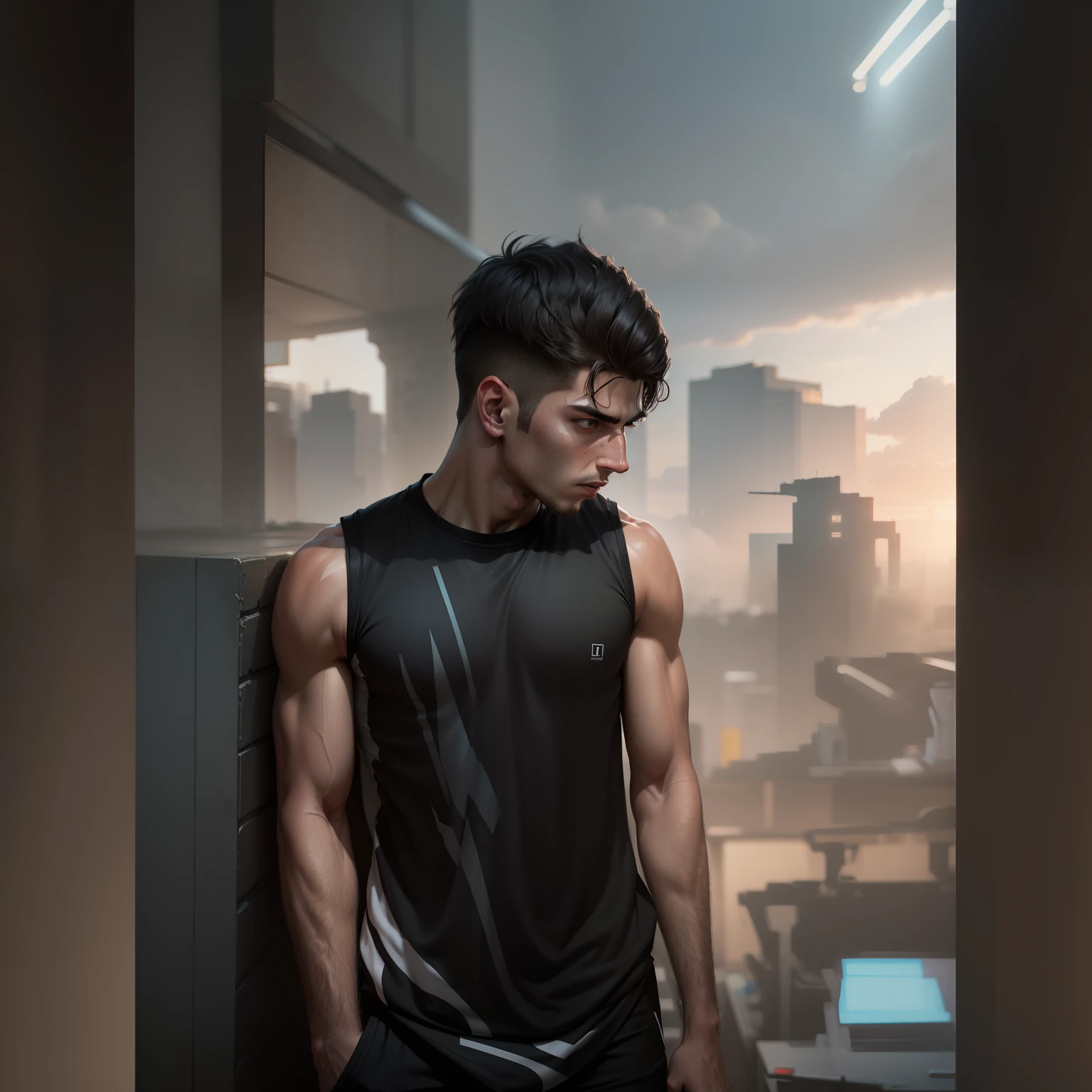 Change background cyberpunk realistic face handsome boy athlete body realistic in black sports t shirt