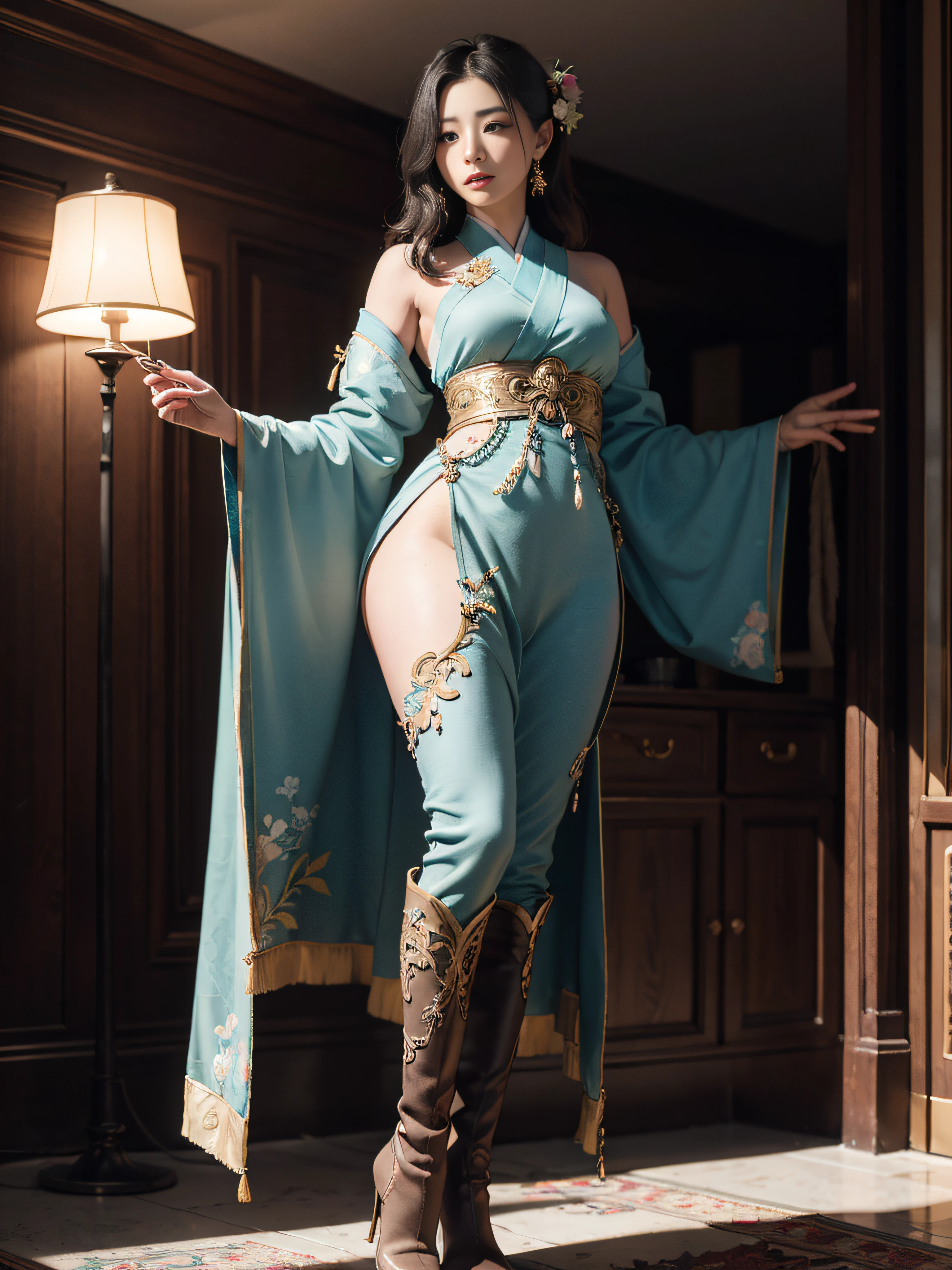 Royal sister,Big sister type,Oriental women,gallant woman,Cold sass,short detailed hair,,tmasterpiece,A high resolution,,Absolutely beautiful,,are standing,exquisitedetails,A high resolution,Wallpapers,1female,独奏,,enchanted、Raised sexy, Rich expressions, trinkets,Fluttering, Hanfu,,Wear tight trousers,Wear booties,Knee-length stockings are exposed inside the booties,embroidery, natural poses,standing on your feet, Fanning,16K,HDR,A high resolution,depth of fields,Bocoon,prime time,Vignette,rainbowing,(Wide buttock:1.4),(Thick legs:1.4)