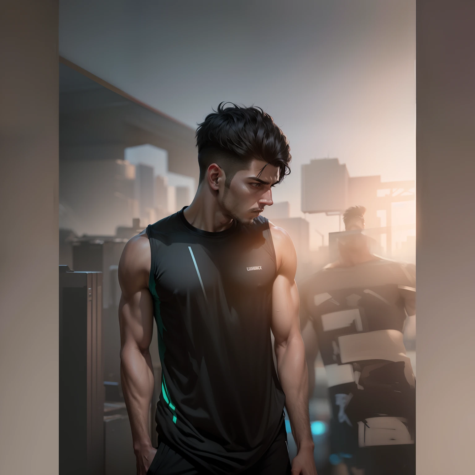 Change background cyberpunk realistic face handsome boy athlete body realistic in black sports t shirt