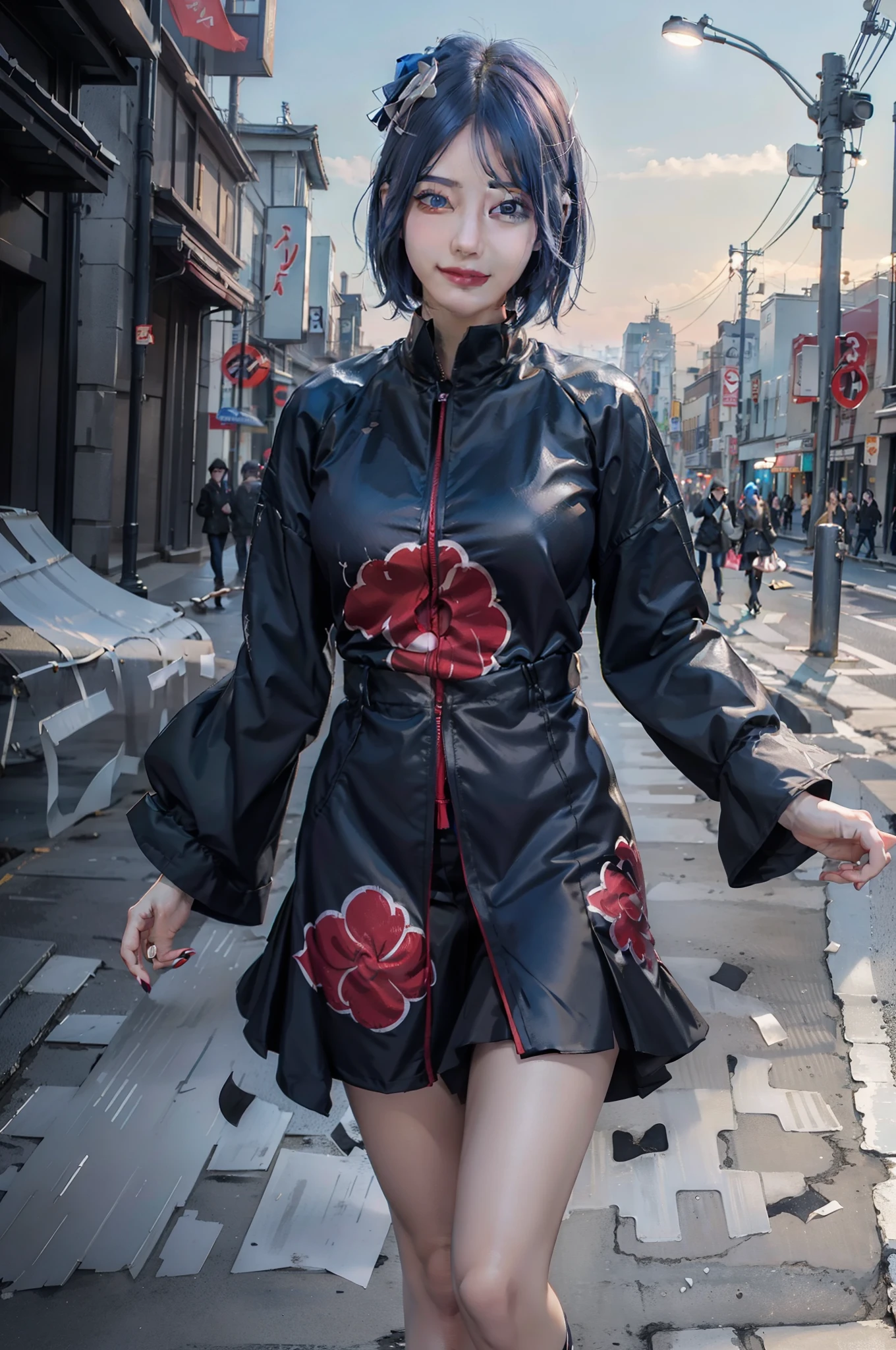 1girl, konan akatsuki, korean k-pop idol, blue hair, short hair, blue eyes, smile, very big breasts, black and red clothes, realistic, ultra detail, outdoor background