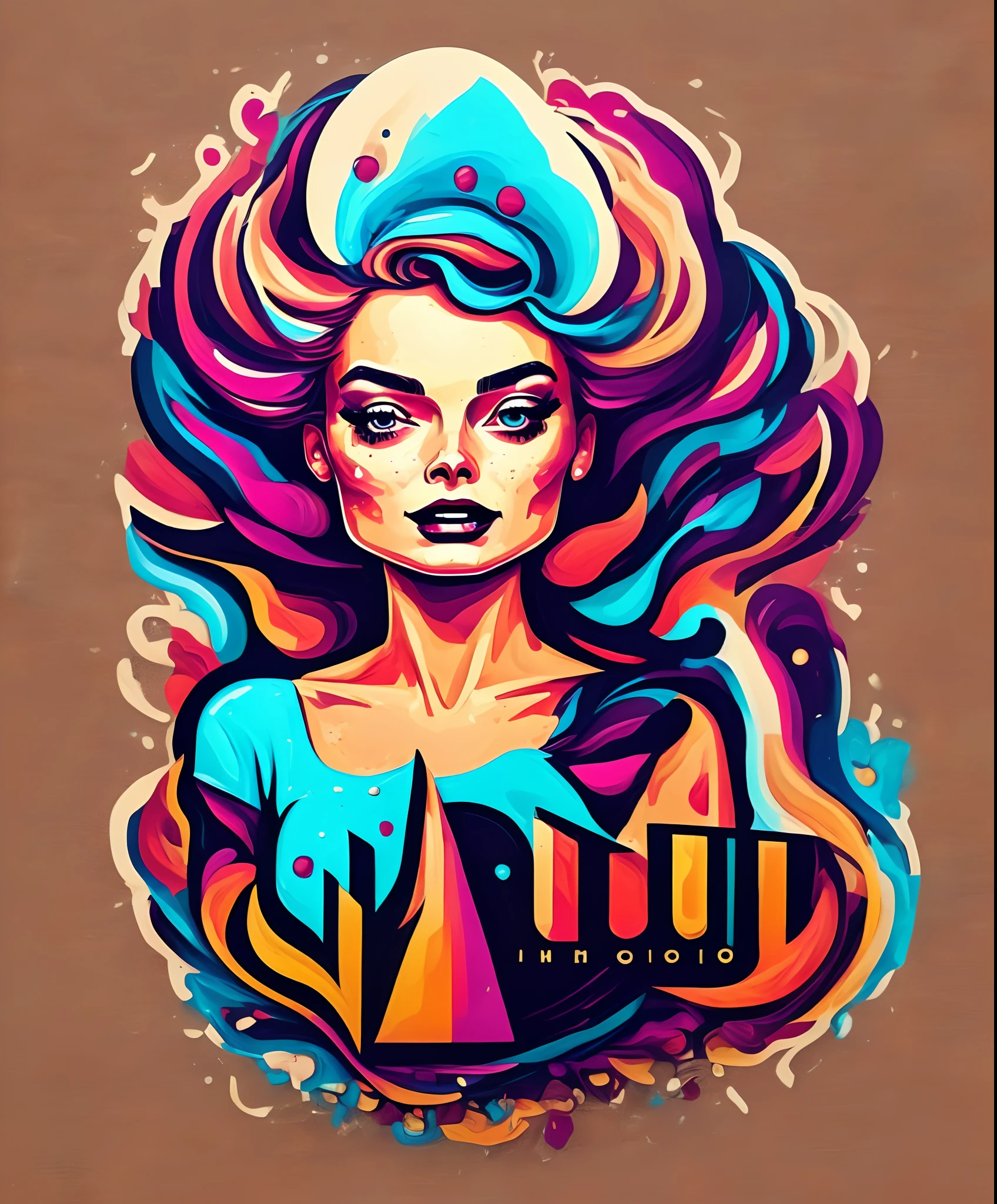 (fotografia em close-up de uma linda mulher, inspirada em Margot Robbie, T-shirt logo in conical fine contour style, spelling view, arte em (fundo vazio:1.4), (fundo preto:1.4),