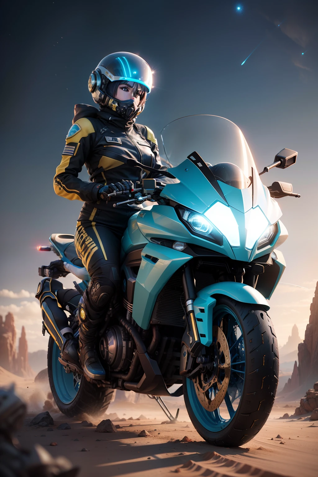 a vibrant cinematic full body photo of a female adventure in an alien landscape, octane render, high quality ultra future blue an gold space combat visor up, alien planet background, two wheel fusion motorcycle.