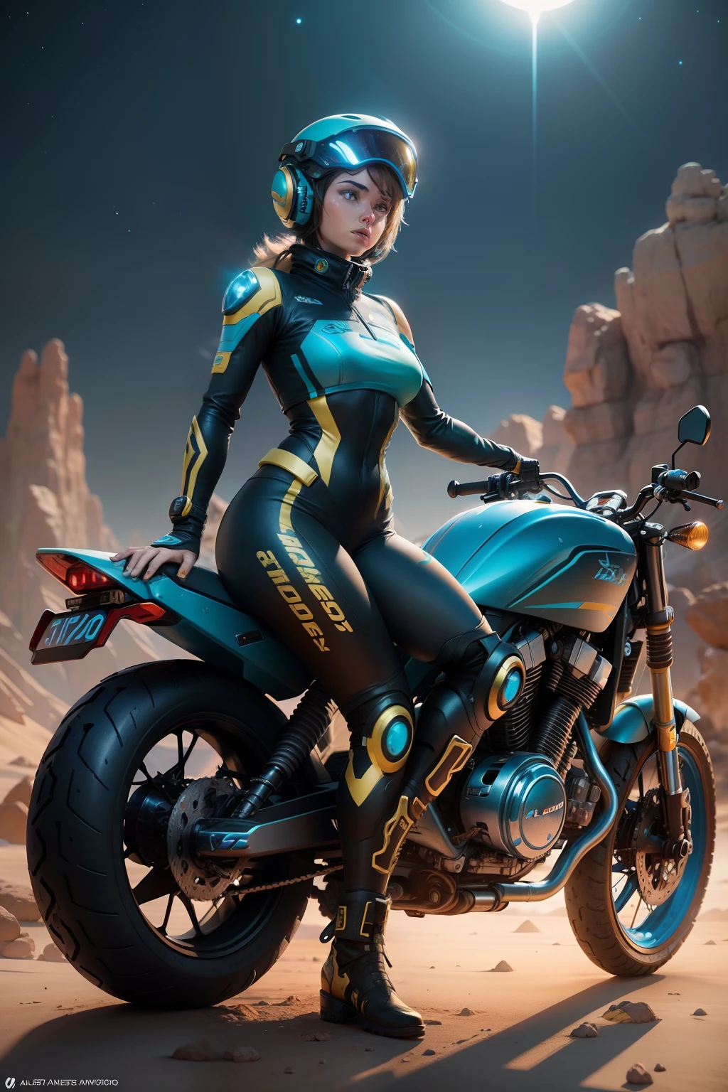 a vibrant cinematic full body photo of a female adventure in an alien landscape, octane render, high quality ultra future blue an gold space combat visor up, alien planet background, two wheel fusion motorcycle.