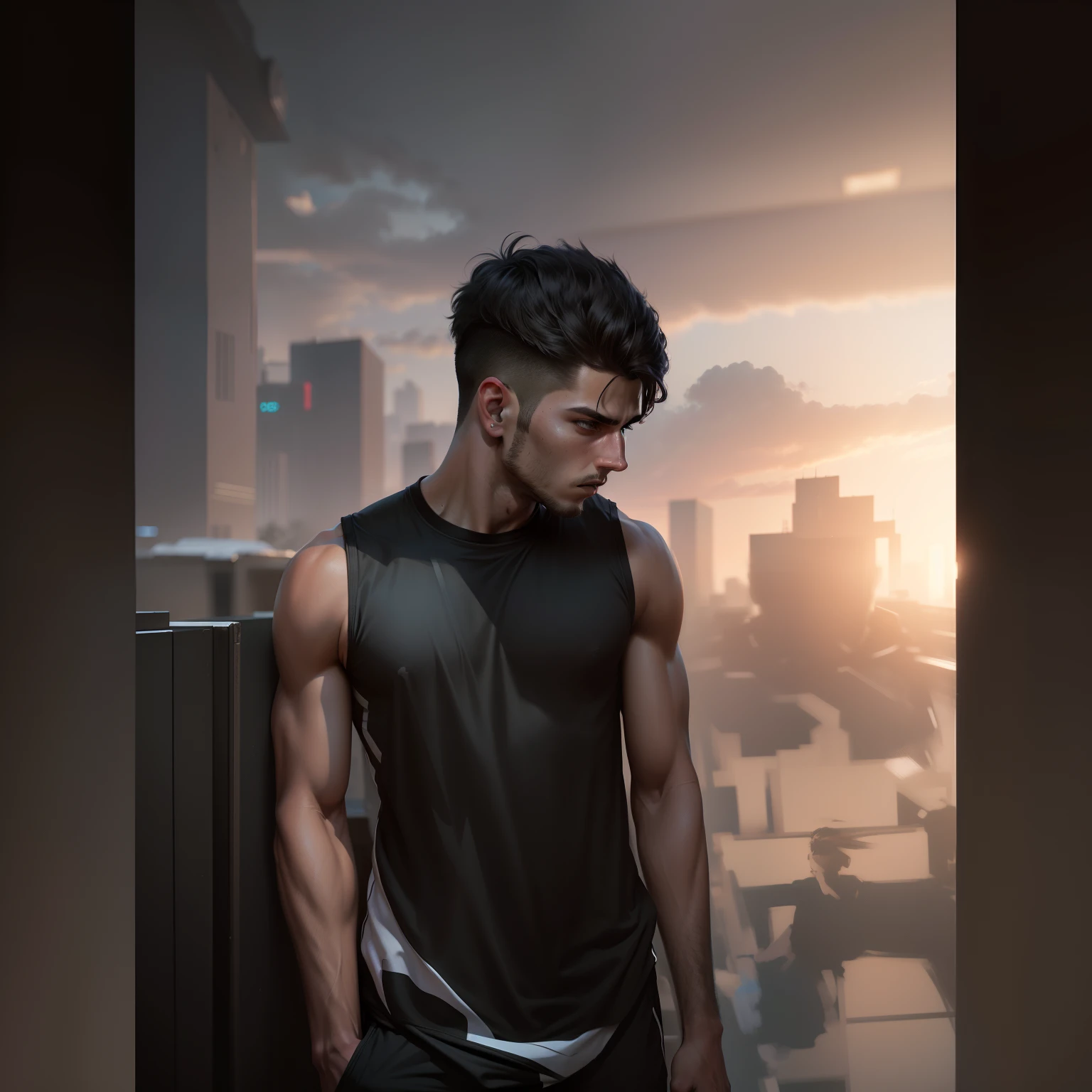 Change background cyberpunk realistic face handsome boy athlete body realistic in black sports t shirt