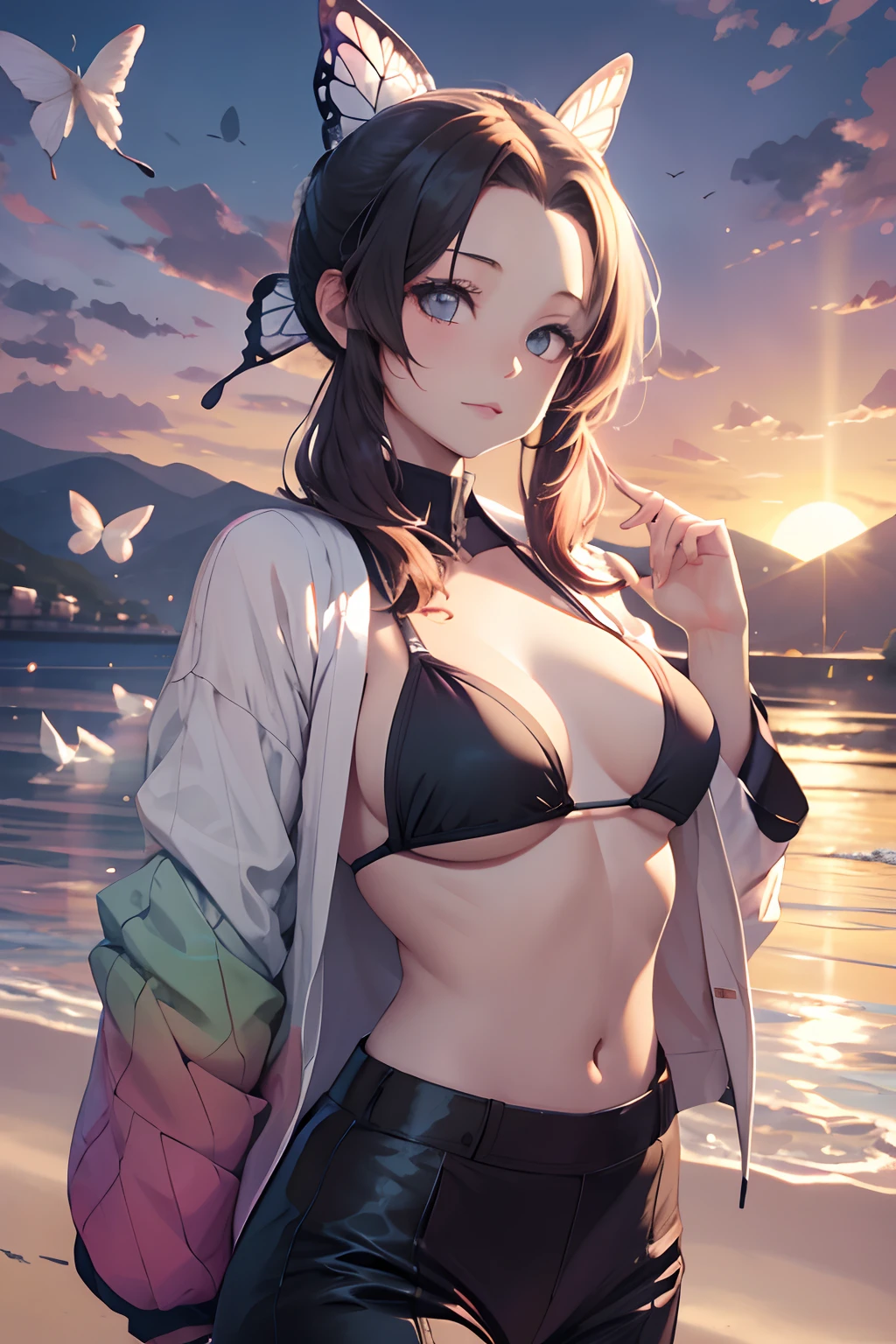 Kochou Shinobu, 1girl, obra-prima, cabelo multicolorido, mangas longas, olhos roxos, jaqueta preta, high waist black pants, uniforme, haori branco, roupas japonesas, Multiple Butterflies, buds, cinto, lago, sun sunset, lente flare, perfect lighting, mais alta qualidade, hands behind, coxas grossas, seios grandes, mais alta qualidade, alta resolução, in a bikini, sensualizando.