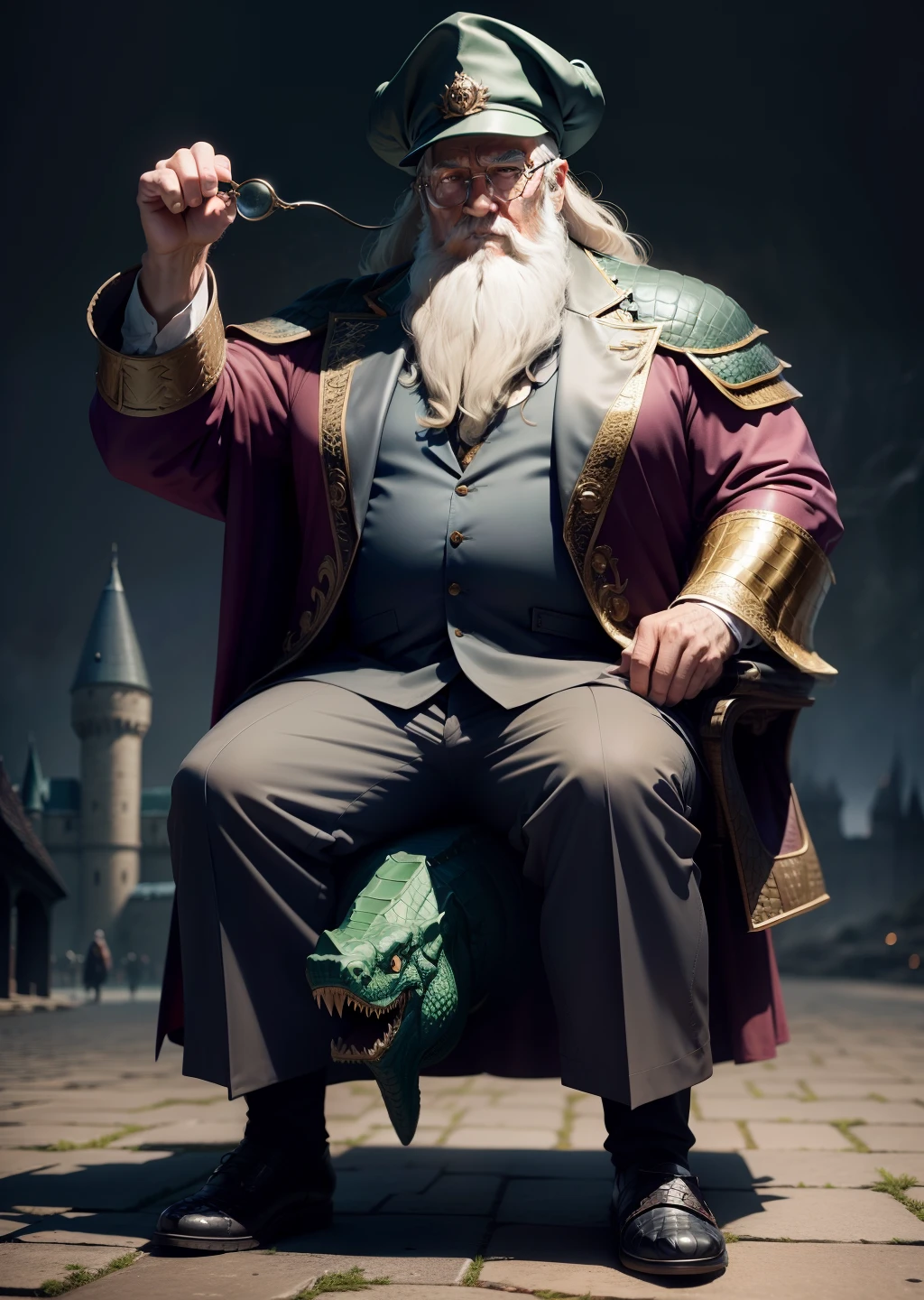 Full body photo,sitted,dumbledore,a old man,Big chest,wearing an outfit,Wearing crocodile dragon armor,Wearing a crocodile head hat,Muscle men ,Wear half-moon glasses,Realiy,Ride a crocodile,background castle