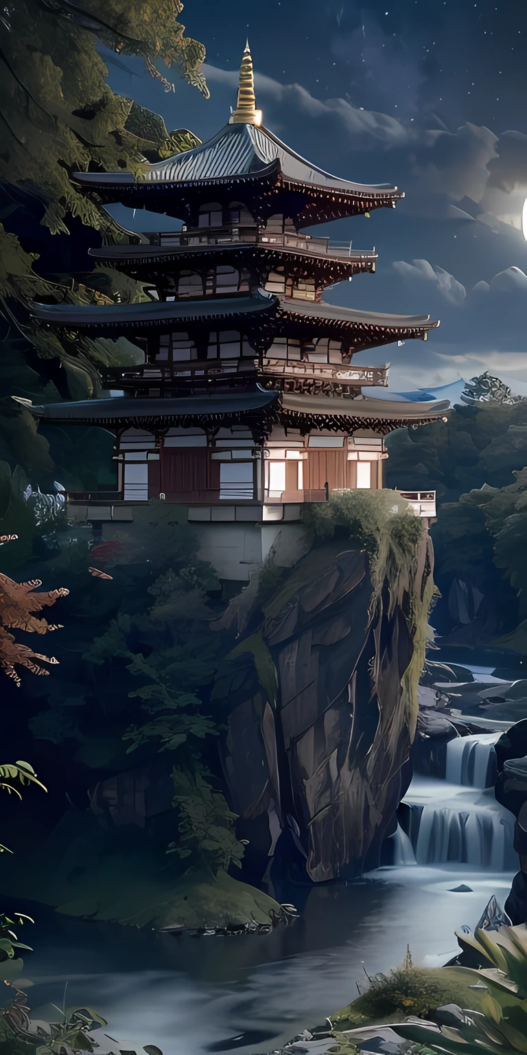 Masterpiece, best quality, high quality, extremely detailed CG unity 8k wallpaper, outdoor, sky, clouds, night, no humans, mountain, chinese style palace sits on the hillside, moonlight, cinemagraph, landscape, water, trees, dark sky, waterfall, cliff, nature, lake, river, cloudy sky, award winning photography, bokeh, depth of field, hdr, bloom, chromatic aberration, photorealistic, highly detailed, trending on artstation, trending on CGsociety, intricate, high detail, dramatic, halfway art