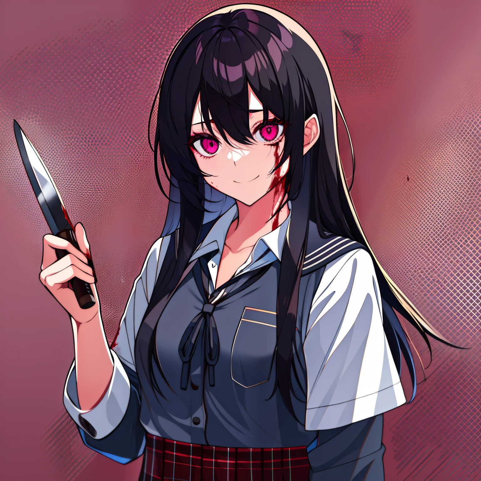 Teenage female with black hair, unkept hair, messy hair, messy clothing, insane eyes, in a schoolgirl outfit, antisocial, eye shadow, red eye color, bags under eyes, lots of eyeshadow on, bloody, yandere, insane, holding a knife, crazy smile, blood on her clothes