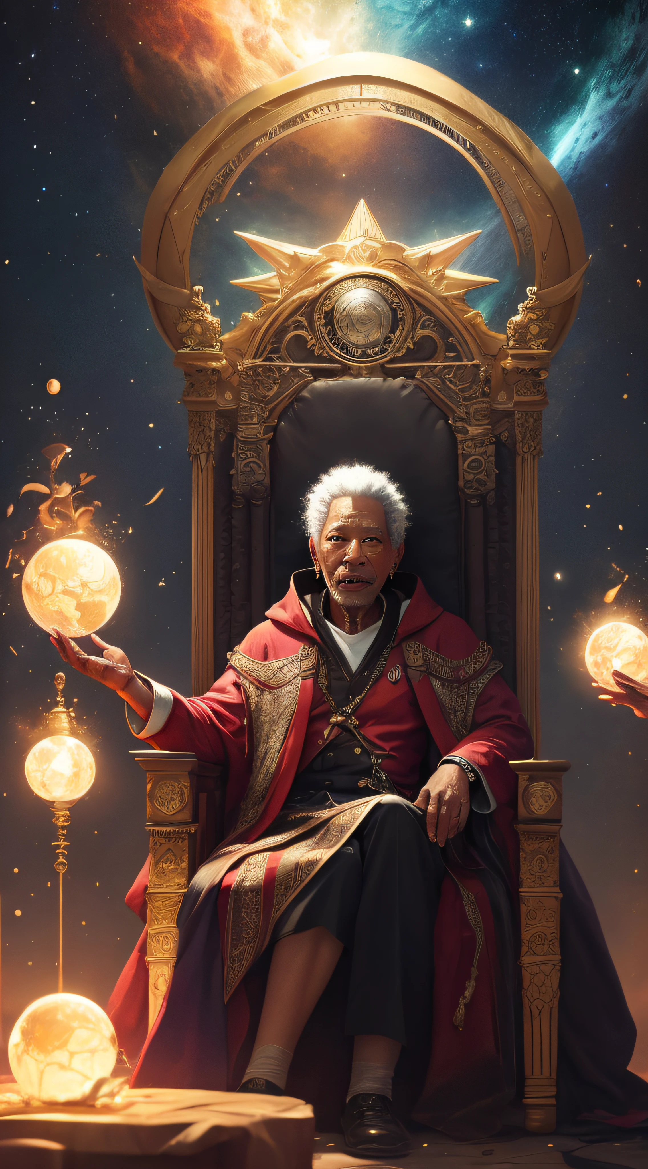 super high res, melhor qualidade, foto, 16k, (fotorrealista: 1.2), cinematic lighthing, Um ((((Morgan freeman)))) in the form of a mythical god. Retrate o deus segurando o sol e a lua, envolto por uma aura radiante. Seat them on a magnificent throne within a cosmic backdrop, em mantos brancos brilhantes e flutuantes no trono de cristal, flutuando sobre nuvens de cristal, cercado pelos esplendores do universo. Pay meticulous attention to stunning details and achieve a resolution of 64K for an immersive and realistic visual experience. Let your work capture the essence of myth and wonder, deixando os espectadores maravilhados com sua beleza e poder.