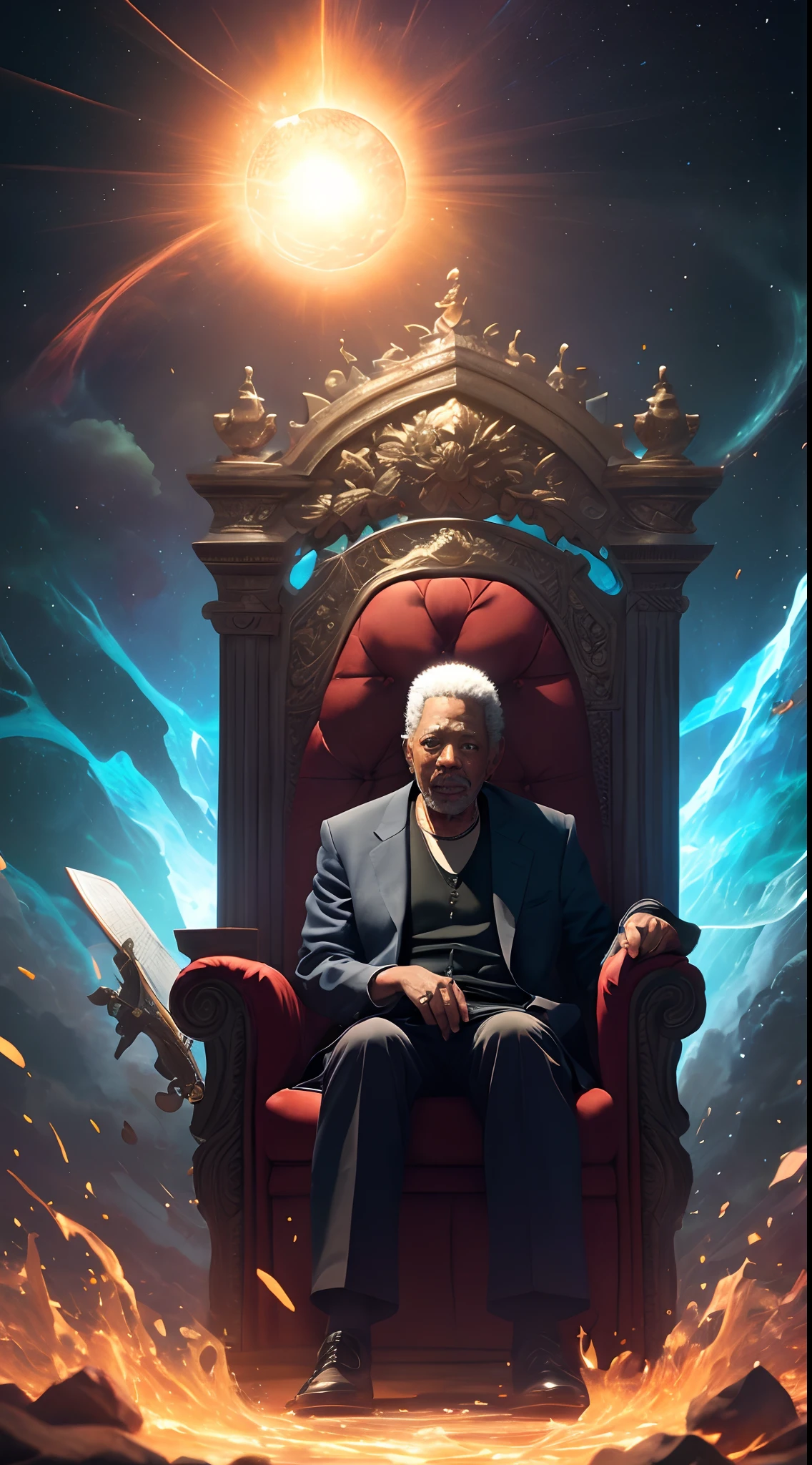 super high res, melhor qualidade, foto, 16k, (fotorrealista: 1.2), cinematic lighthing, Um ((((Morgan freeman)))) in the form of a mythical god. Retrate o deus segurando o sol e a lua, envolto por uma aura radiante. Seat them on a magnificent throne within a cosmic backdrop, em mantos brancos brilhantes e flutuantes no trono de cristal, flutuando sobre nuvens de cristal, cercado pelos esplendores do universo. Pay meticulous attention to stunning details and achieve a resolution of 64K for an immersive and realistic visual experience. Let your work capture the essence of myth and wonder, deixando os espectadores maravilhados com sua beleza e poder.