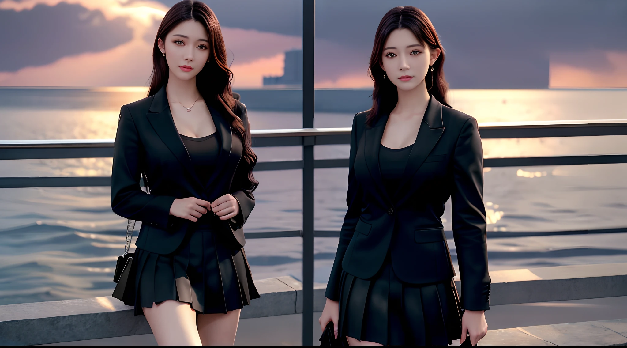 best quality, masterpiece, 1girl, Beautiful face, (photo realistic:1.3), rim lighting, (high detailed skin:1.2), 8k uhd, dslr, high quality, high resolution, 4k, 8k, Bokeh, absurdres, best ratio four finger and one thumb, (realistic:1.3), cute 1girl, wearing black formal blazer, medium breasts, short skirt,