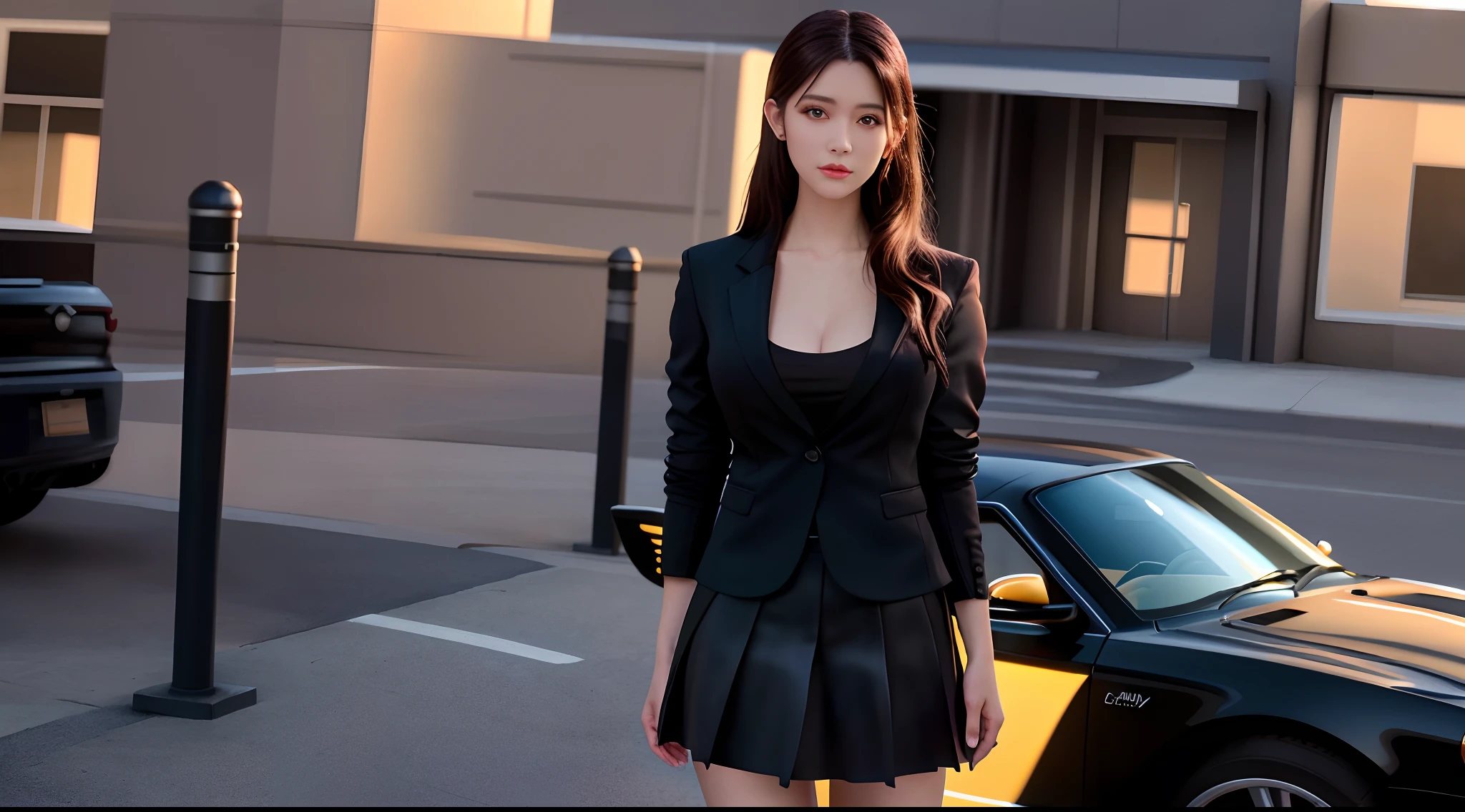 best quality, masterpiece, 1girl, Beautiful face, (photo realistic:1.3), rim lighting, (high detailed skin:1.2), 8k uhd, dslr, high quality, high resolution, 4k, 8k, Bokeh, absurdres, best ratio four finger and one thumb, (realistic:1.3), cute 1girl, wearing black formal blazer, medium breasts, short skirt,