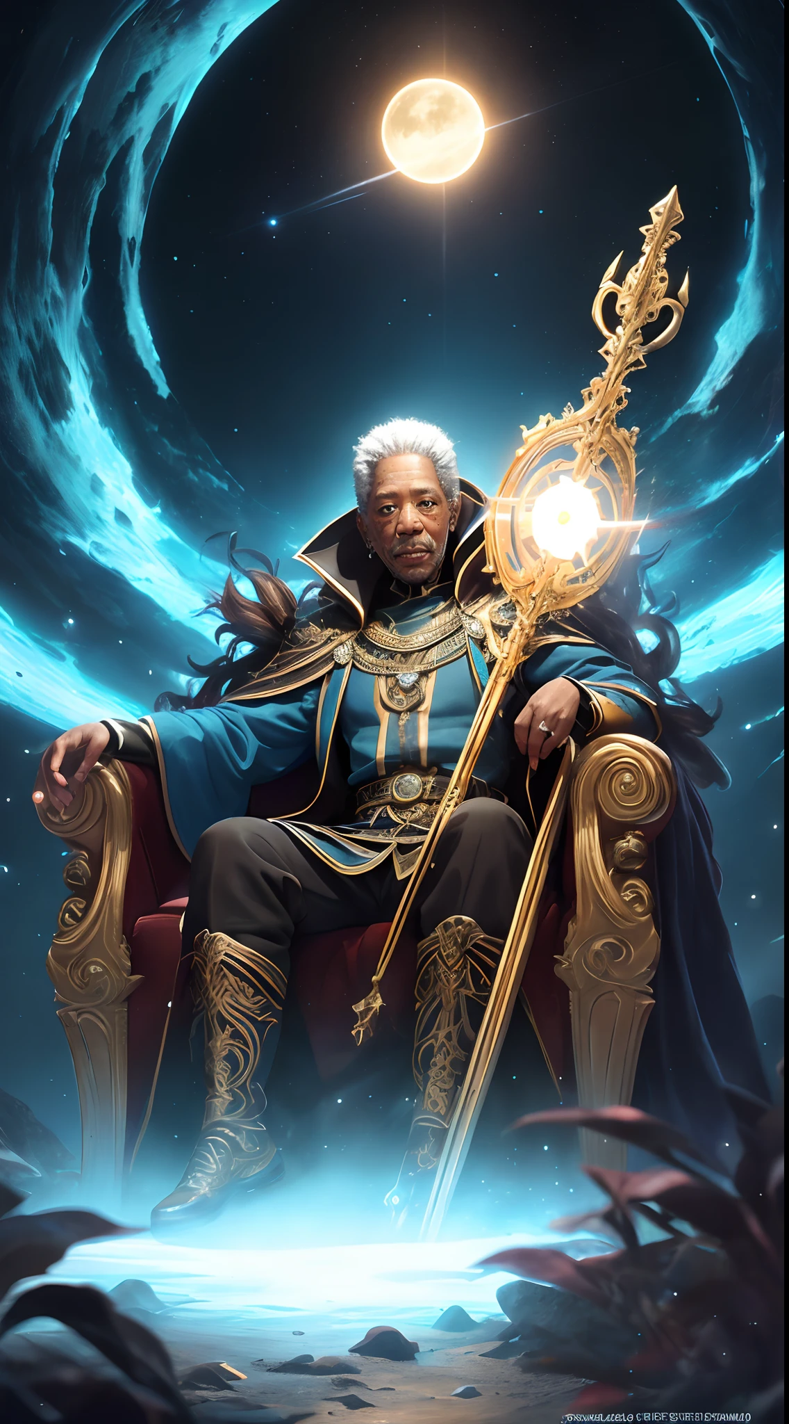 super high res, melhor qualidade, foto, 16k, (fotorrealista: 1.2), cinematic lighthing, Um ((((Morgan freeman)))) in the form of a mythical god. Retrate o deus segurando o sol e a lua, envolto por uma aura radiante. Seat them on a magnificent throne within a cosmic backdrop, em mantos brancos brilhantes e flutuantes no trono de cristal, flutuando sobre nuvens de cristal, cercado pelos esplendores do universo. Pay meticulous attention to stunning details and achieve a resolution of 64K for an immersive and realistic visual experience. Let your work capture the essence of myth and wonder, deixando os espectadores maravilhados com sua beleza e poder.