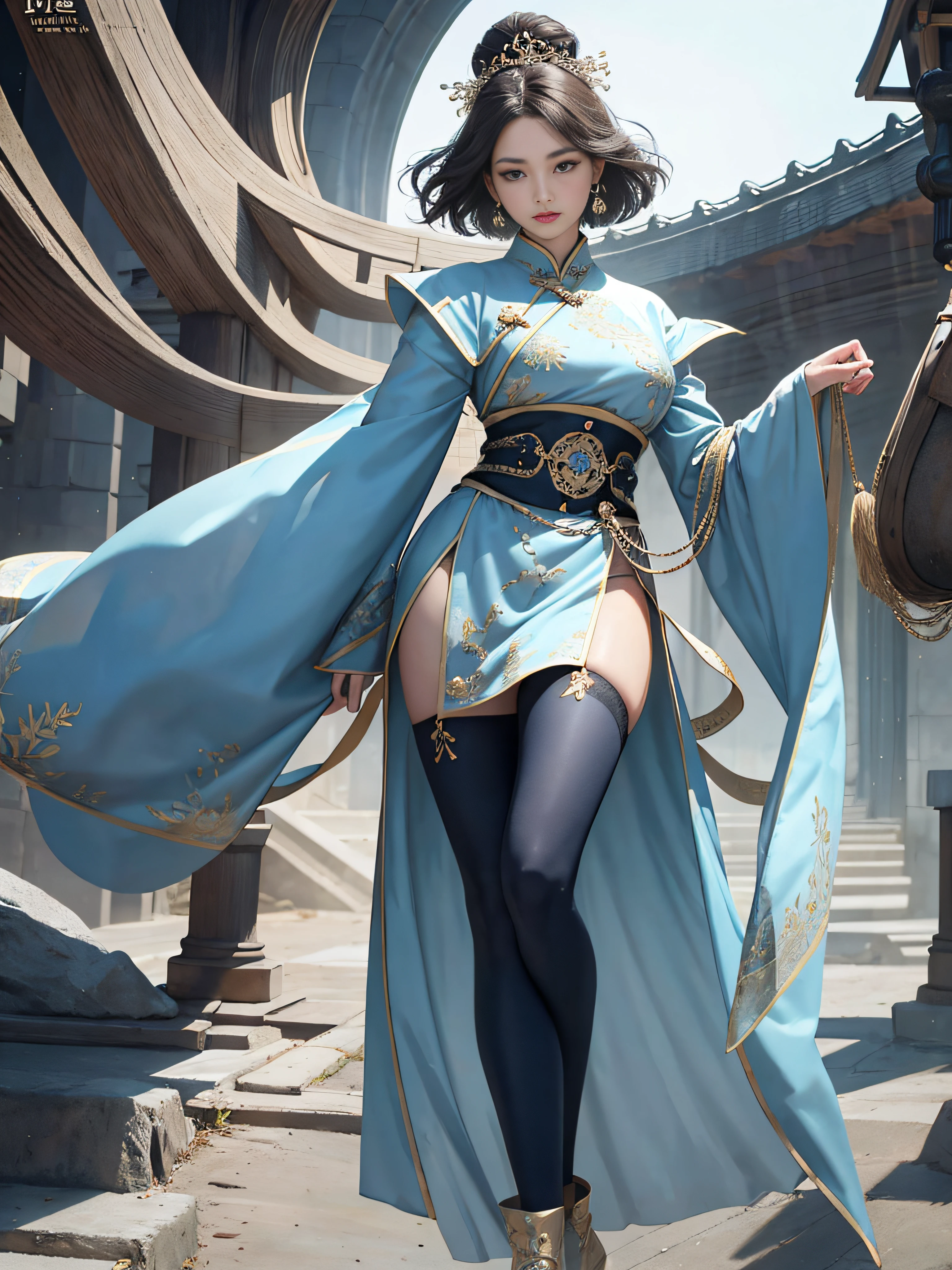 Royal sister，Big sister type，Oriental women，gallant woman，Cold sass，short detailed hair，,tmasterpiece,A high resolution,,Absolutely beautiful,，are standing，exquisitedetails,A high resolution,Wallpapers,1female,独奏,，enchanted、Raised sexy， Rich expressions， trinkets,Fluttering, Tight Hanfu,,Wear tight trousers，Wear booties，Knee-length stockings are exposed inside the booties，embroidery, natural poses,standing on your feet， Fanning，16K，HDR，A high resolution，depth of fields，Bocoon，prime time，Vignette，rainbowing，（Wide buttock：1.4），（Thick legs：1.4）