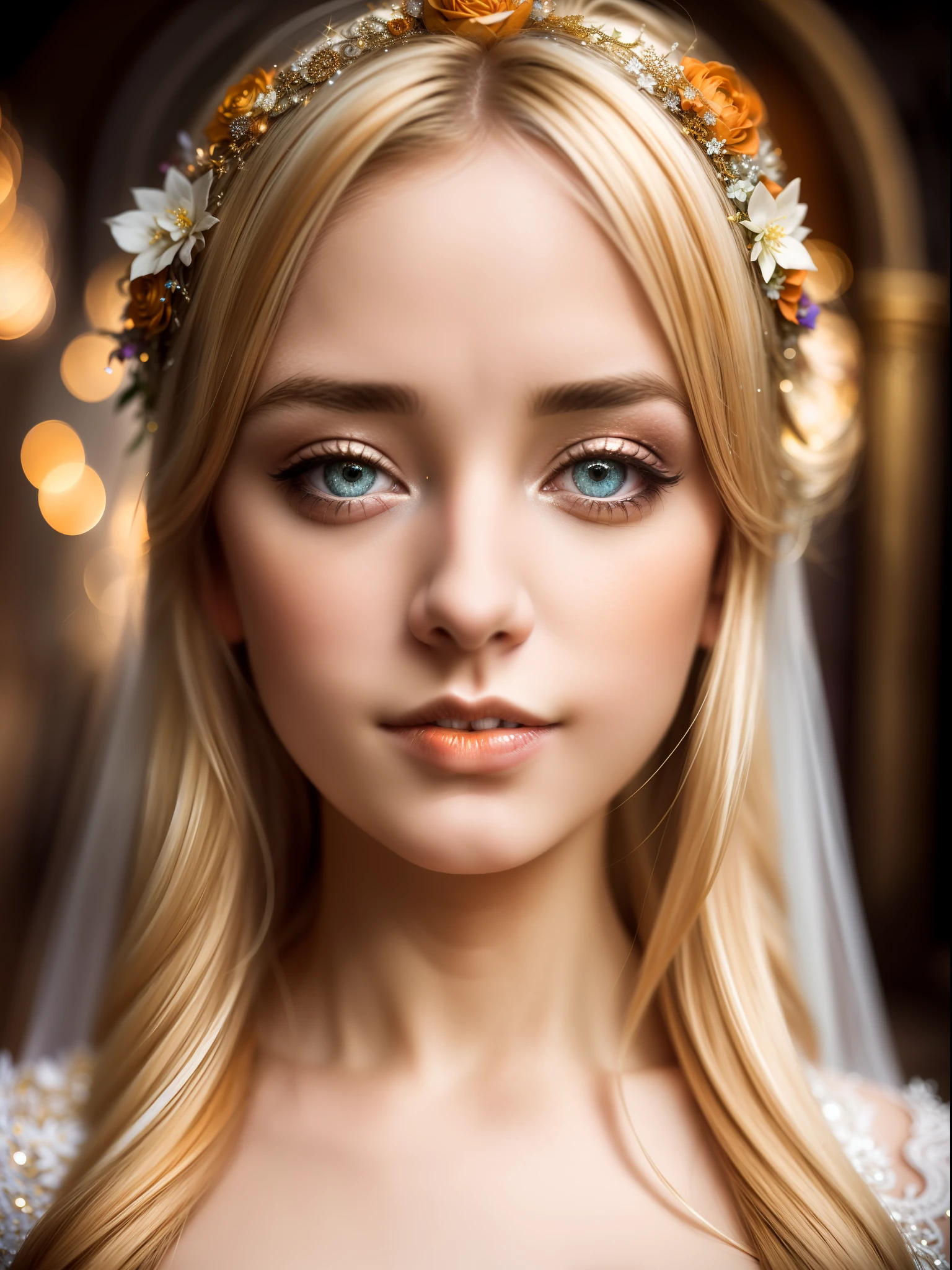 Story, sparkling beautiful eyes, blonde hair, bride posing under a fairy tale, elaborate scene style, glitter, orange, realistic style, 8k,exposure blend, medium shot, bokeh, (hdr:1.4), high contrast, (cinematic, dark orange and white film), (muted colors, dim colors, soothing tones:1.3), low saturation, (hyperdetailed:1.2), (noir:0.4),1 girl