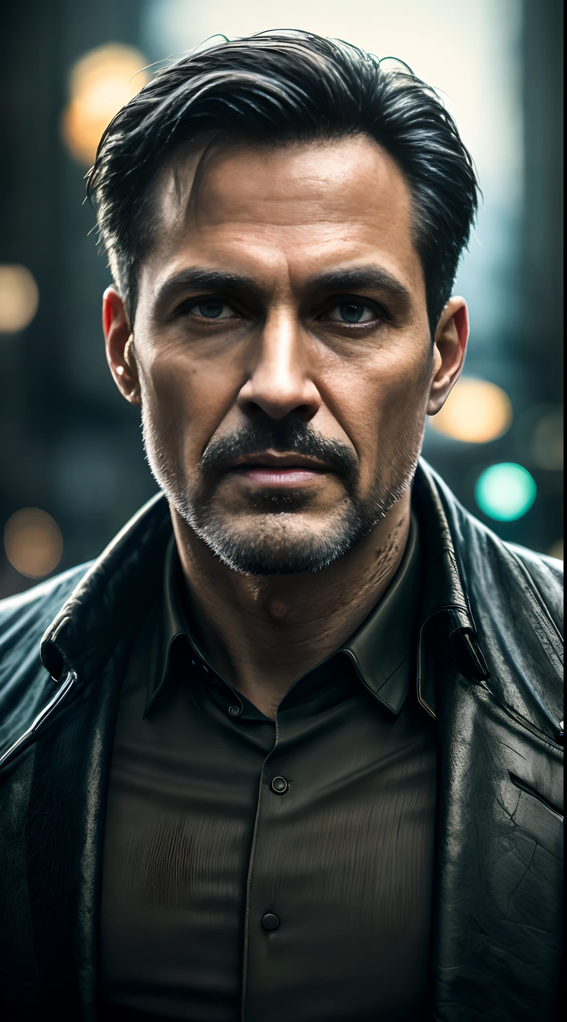 masterpiece, high detail, trending on artstation, realistic, detailed face, overall, a photo of a cyberpunk private detective, old man, dark hair, dirty, drone, Blade Runner city, neo lights, dark, rain, night, RAW, canon r6, wide shot, sharp, blurry background, rule of thirds, dramatic lights, dark shadows