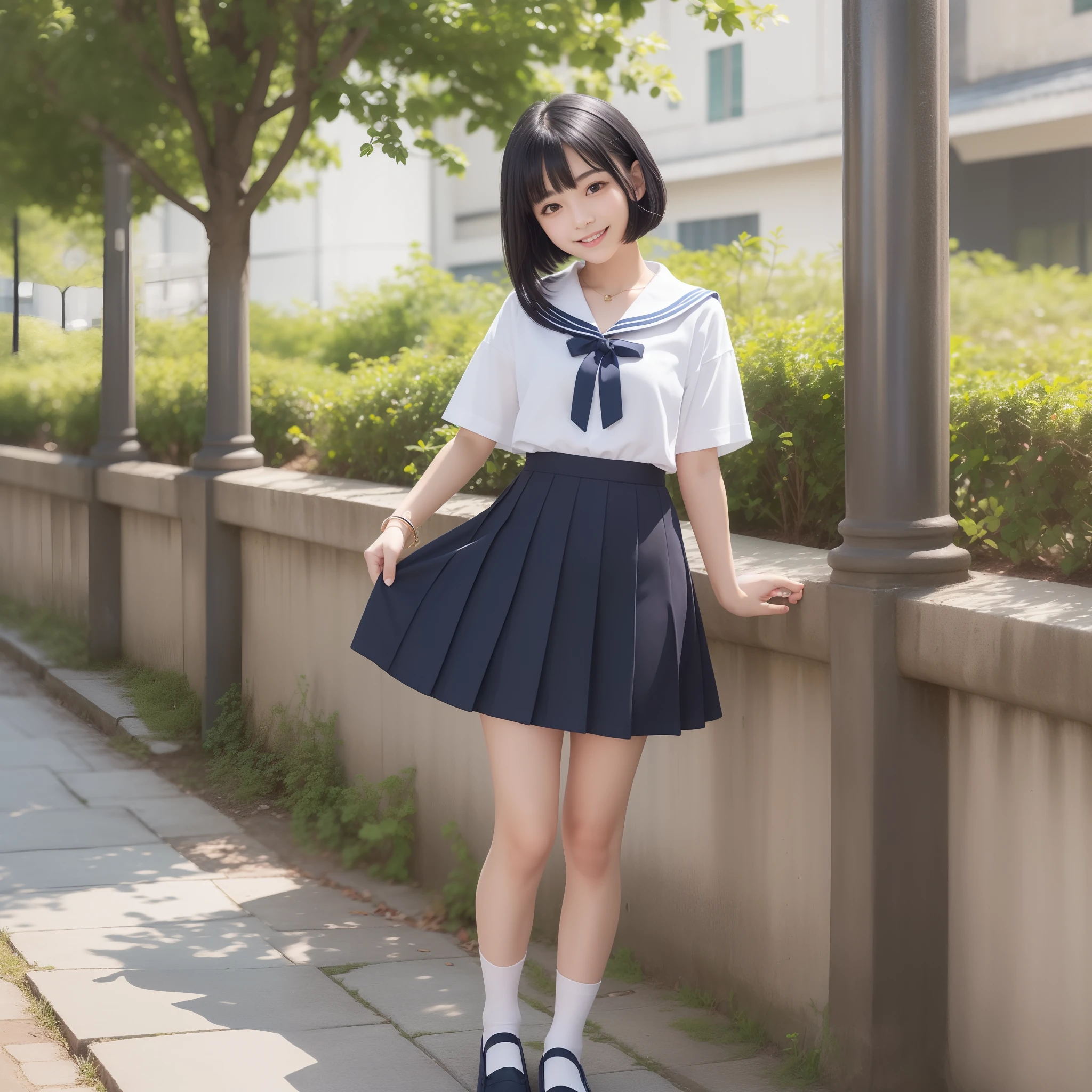 With the best image quality、Teenage girl standing outdoors。In high resolution、Beautiful fine details、tranquil atmosphere。(((Black hair bob hair)))、Cute smile。White short-sleeved sailor suit、Navy blue pleated skirt、Navy blue socks、Brown loafers