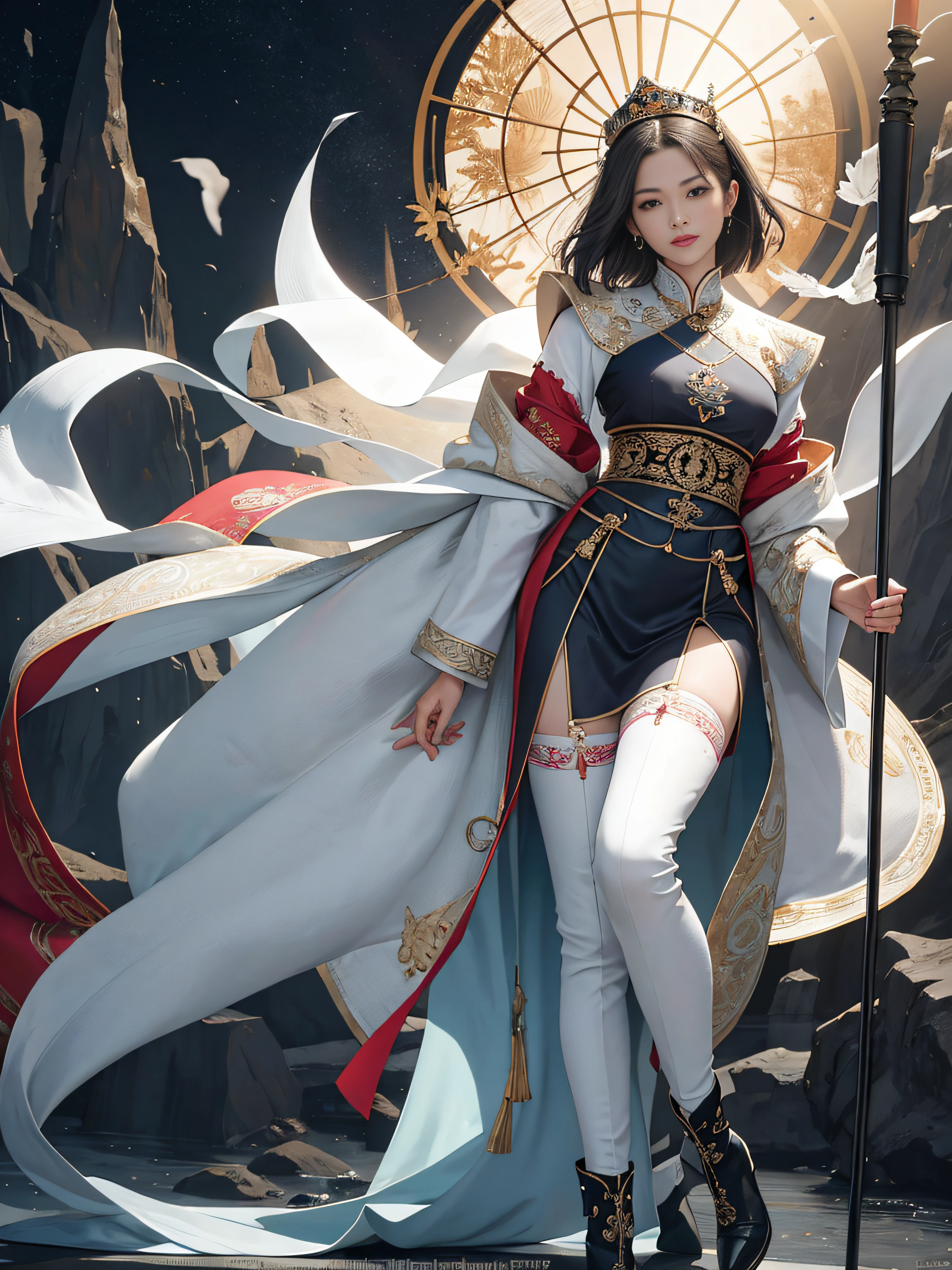 Royal sister，Big sister type，Oriental women，gallant woman，Cold sass，short detailed hair，,tmasterpiece,A high resolution,,Absolutely beautiful,，are standing，exquisitedetails,A high resolution,Wallpapers,1female,独奏,，enchanted、Raised sexy， Rich expressions， trinkets,Fluttering, Tight Hanfu,,Wear tight trousers，Wear booties，Knee-length stockings are exposed inside the booties，embroidery, natural poses,standing on your feet， Fanning，16K，HDR，A high resolution，depth of fields，Bocoon，prime time，Vignette，rainbowing，（Wide buttock：1.4），（Thick legs：1.4）