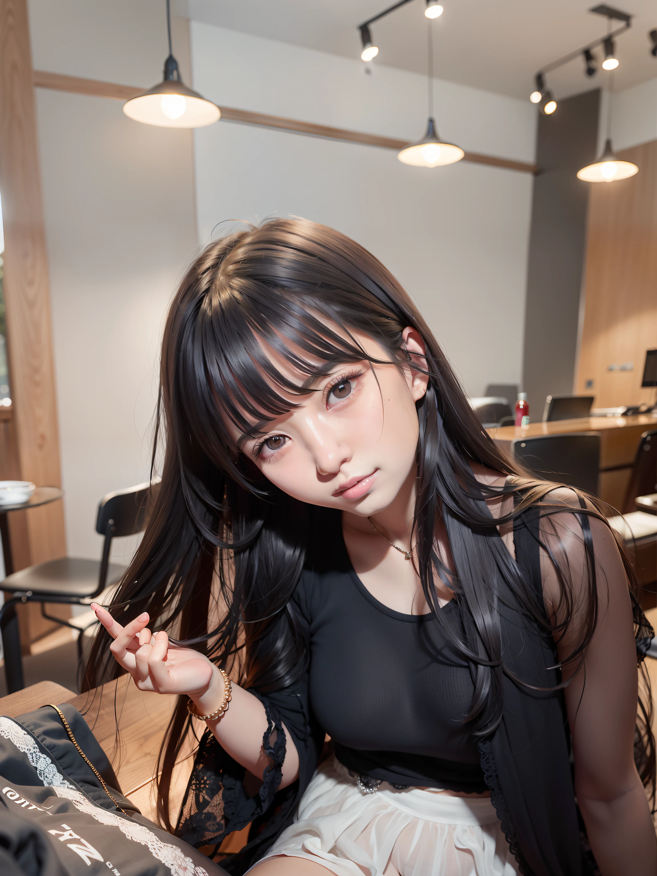 There is a woman sitting at a table, With long hair, She has black hair with bangs,Beautiful Japan Woman, hime-cut, korean artist, Korean Girl, Girl with black hair, (8K、Photorealsitic、Raw photography、top-quality: 1.4)、(1girl in)、Beautiful expression、(Lifelike face)、(A dark-haired)、Beautiful hairstyle、realisticeyes、Beautiful details、(real looking skin)、Beautiful skins、absurderes、enticing、超A high resolution、A hyper-realistic、high-detail、the golden ratio