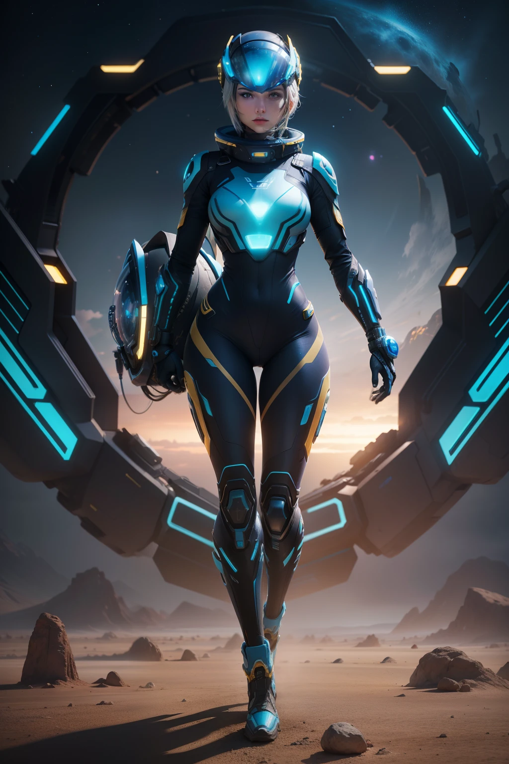 a vibrant cinematic full body photo of a female adventure in an alien landscape, octane render, high quality ultra future blue an gold space combat visor up, alien planet background, ultra-futuristic fusion motorcycle.