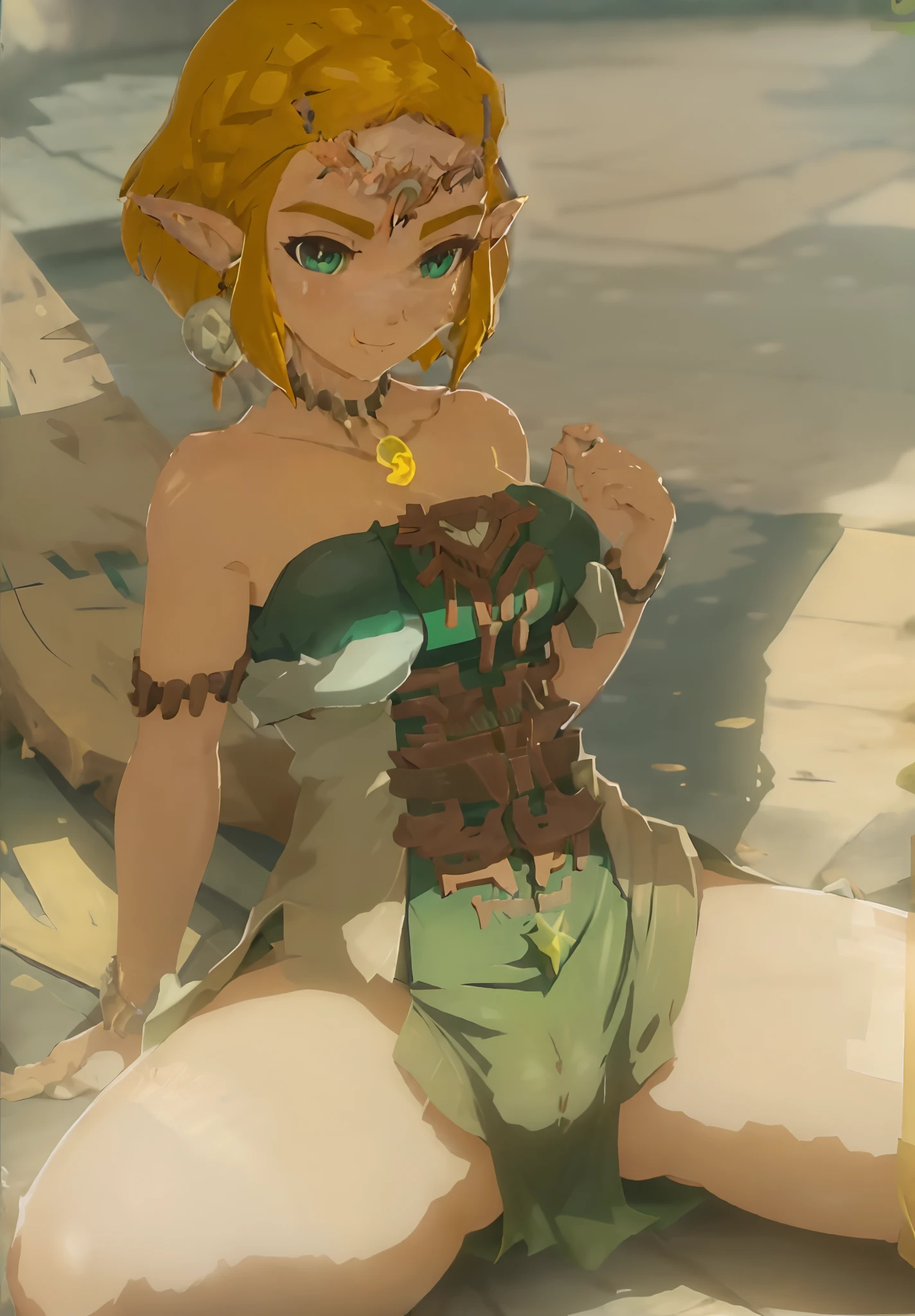 zeldatotk,1girl,smile,cel shading,full body in view,green eyes , (((busty))), (((big breast))), cleavage, (((spread legs)))