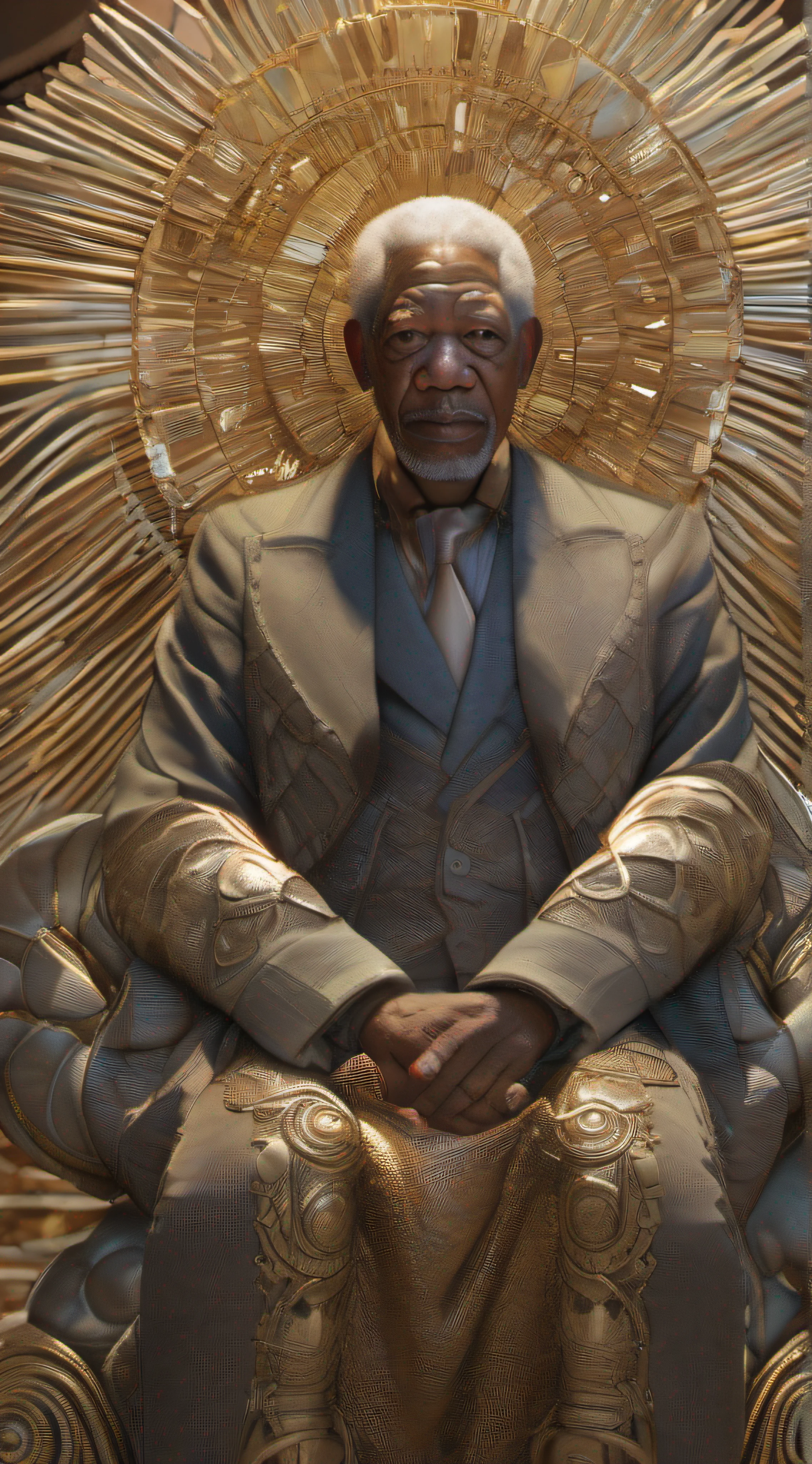super high res, melhor qualidade, foto, 16k, (fotorrealista: 1.2), cinematic lighthing, Um ((((Morgan freeman)))) in the form of a mythical god. Retrate o deus segurando o sol e a lua, envolto por uma aura radiante. Seat them on a magnificent throne within a cosmic backdrop, em mantos brancos brilhantes e flutuantes no trono de cristal, flutuando sobre nuvens de cristal, cercado pelos esplendores do universo. Pay meticulous attention to stunning details and achieve a resolution of 64K for an immersive and realistic visual experience. Let your work capture the essence of myth and wonder, deixando os espectadores maravilhados com sua beleza e poder.