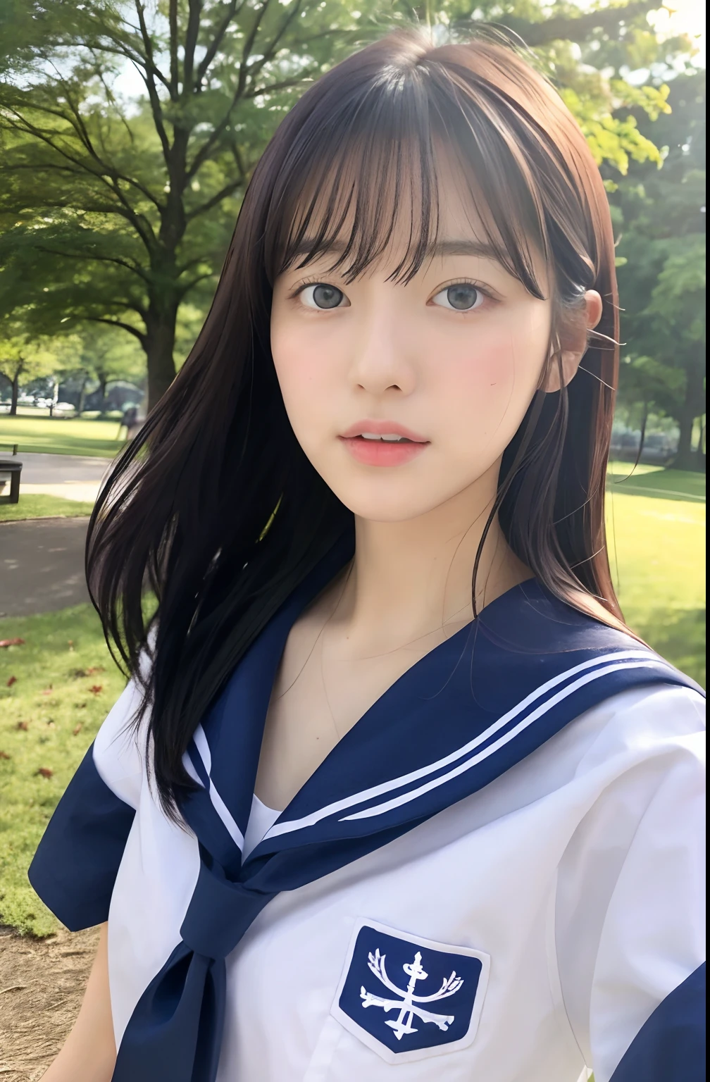 Close up portrait of woman walking in park in sailor suit、Japan Person Model、Young Sensual Gravure Idol、Young cute gravure idol、Realistic Young Gravure Idol、Realistic sensual gravure idol、Young gravure idols、sophisticated gravure idol、奈良美智、Young skinny gravure idol、beautifull asian girl ever、oppai