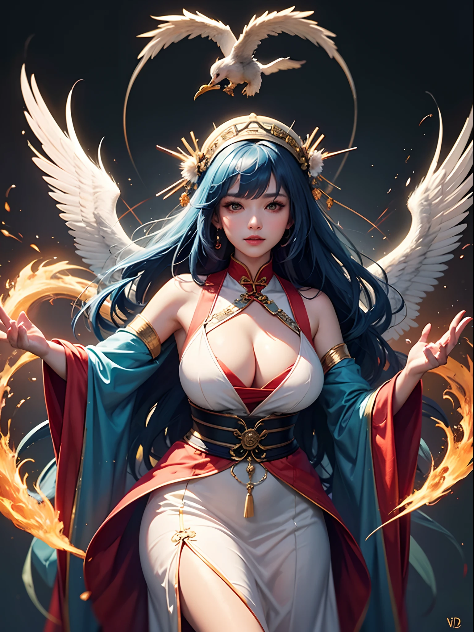 offcial art,统一 8k 壁纸,ultra - detailed,Beauty and aesthetics,tmasterpiece,best qualtiy,(zentangle,tangle,entangle),(s fractal art:1.4),(The character is centered:1.3),1girl,blue hairs,korean people,cropped shoulders,long skirt,Plump calves,nabel,The is very detailed,dynamic angle,cowboyshot,(Chaos in its most beautiful form),flowy,(vivd colour),OC,(A half body:3),Chinese big breasts,(Hanfu:1.5),(围巾:2),(dream magical:2),(Hanfu:1.5),Chinese Phoenix,(smile1 ),(Chinese martial spirit),