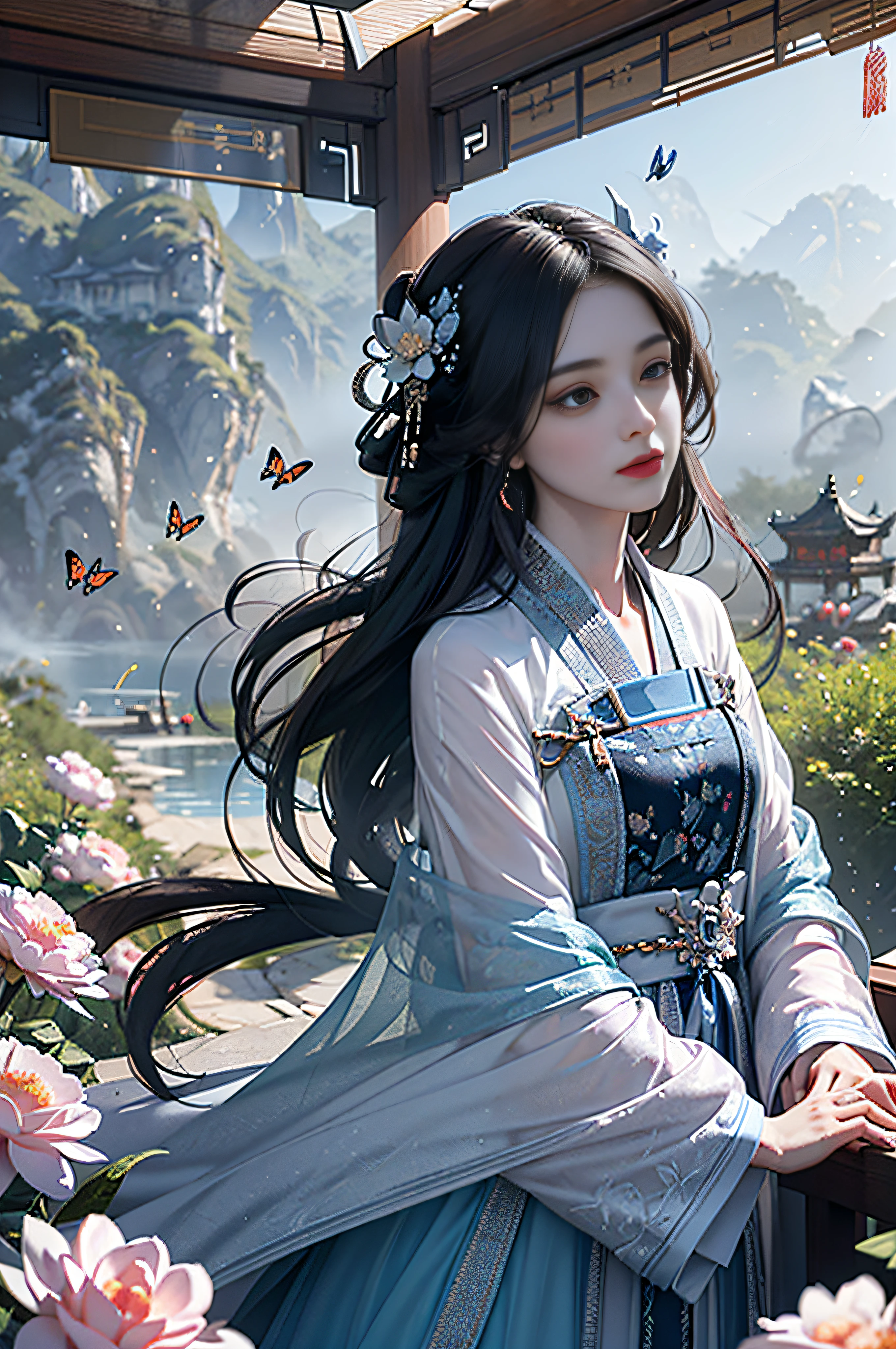 official art, Unity 8k wallpaper, super detailed, beautiful, beautiful, masterpiece, best quality, mystery, romanticism, horror, literature, art, fashion, tang dynasty era, decoration, intricate, embroidery, blue hanfu, white tulle coat, 1 girl, black hair, peony hairpin, sad, fatalistic, bust composition, dramatic composition, movie lighting, dynamic perspective, full of temptation, white flowers, blue flowers, red flowers, butterflies flying, Chinese dynasty garden background, hazy, foggy, dramatic composition,