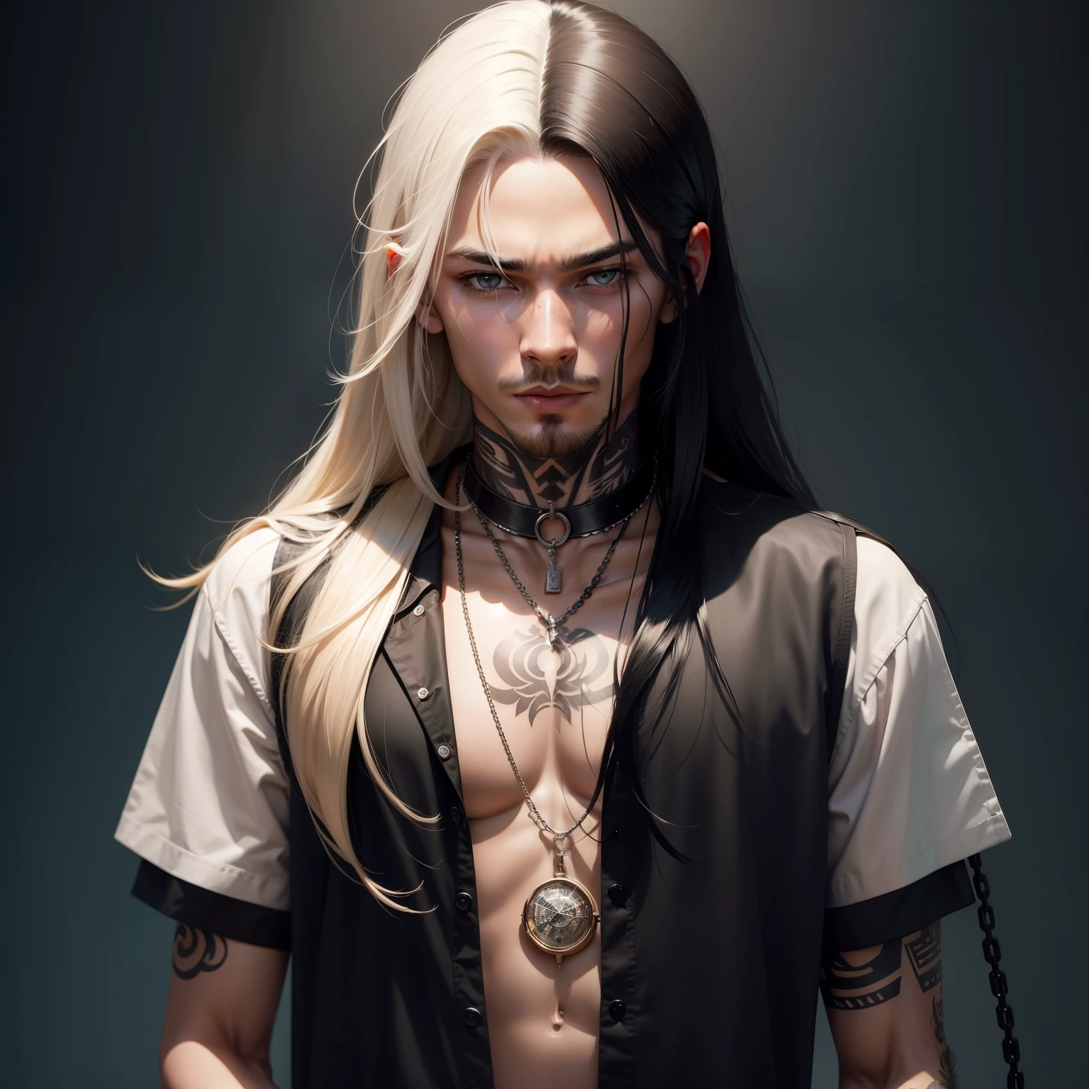 There's a man with straight hair that's half black, half blond;, tattoo on the face and neck, wearing a chain around the neck,camisa de time, foto de perfil,Album Cover