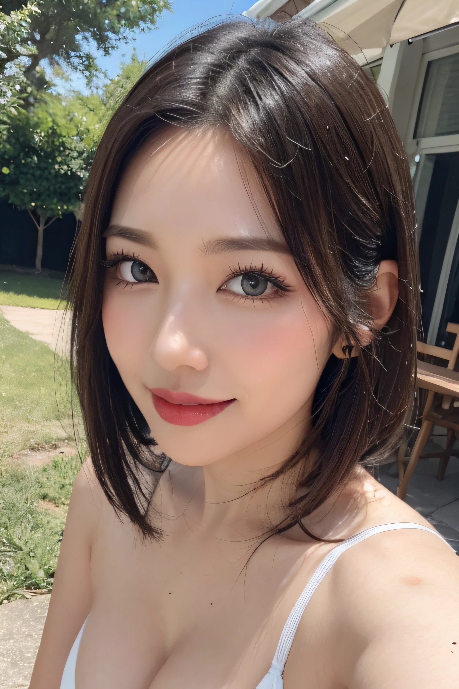 solo,1 girl,in the park,black hair, hair bobbles, longeyelashes, solid circle eyes, light smile, mole under eye, light smile, shy, puckered lips, Surrealism, drop shadow, stereogram, pov, atmospheric perspective, depth of field, first-person view, f/1.8, 8k, super detail, ccurate, best quality, highres, best quality,short cut hair, (beautiful detailed makeup), (sexually aroused blushing heavy breathing:1.0), (soft glow bloom:0.5),mole under eye:1.4,upper body,smile:1.5,white bikini,Big breasts :1.7,fold your arms behind head:1.5