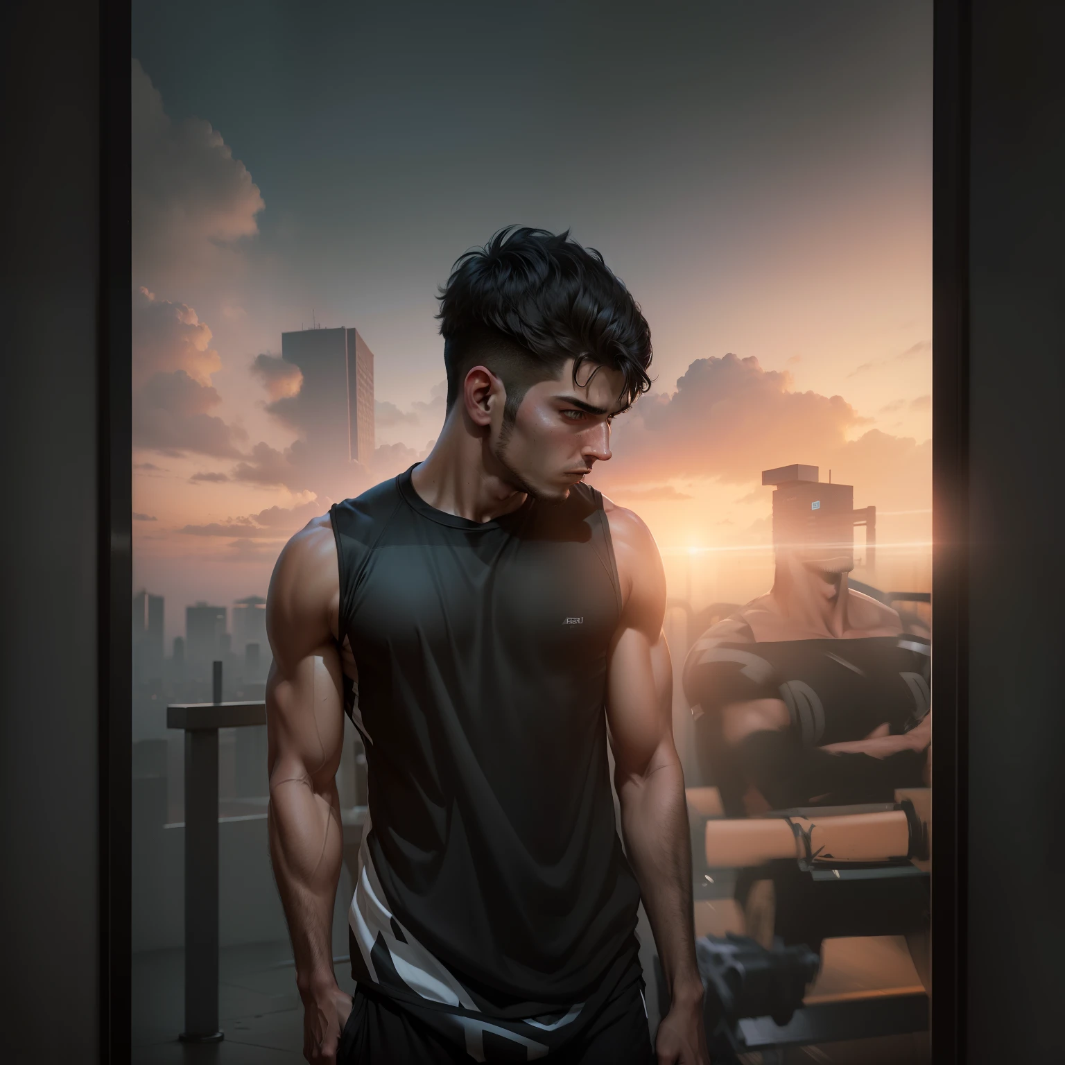 Change background cyberpunk realistic face handsome boy athlete body realistic in black sports t shirt boy stand in front of gym